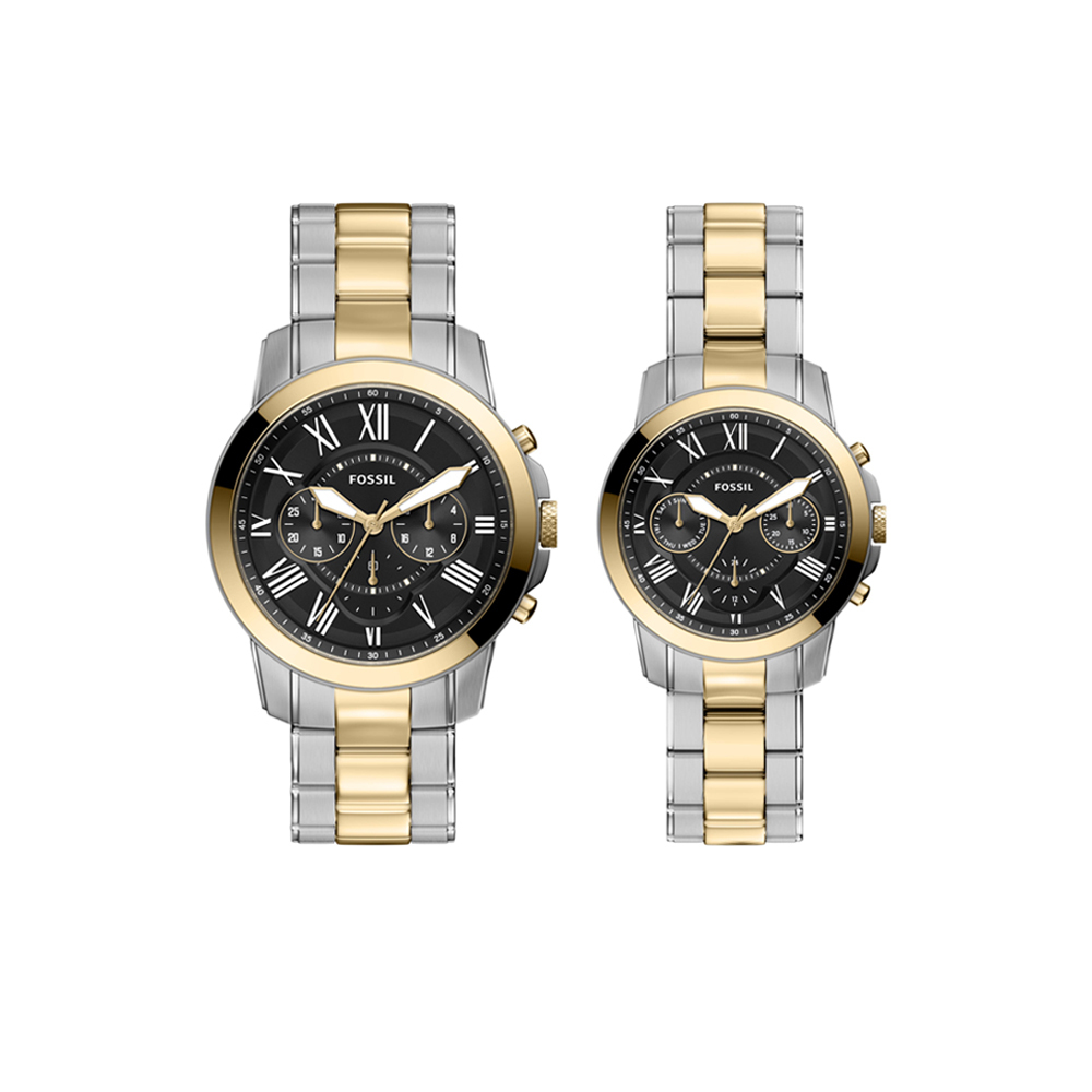 Grant 圓形雙色殼黑面羅馬字三眼對錶禮盒組 金銀色不鏽鋼錶帶 42 MM FS6202SET