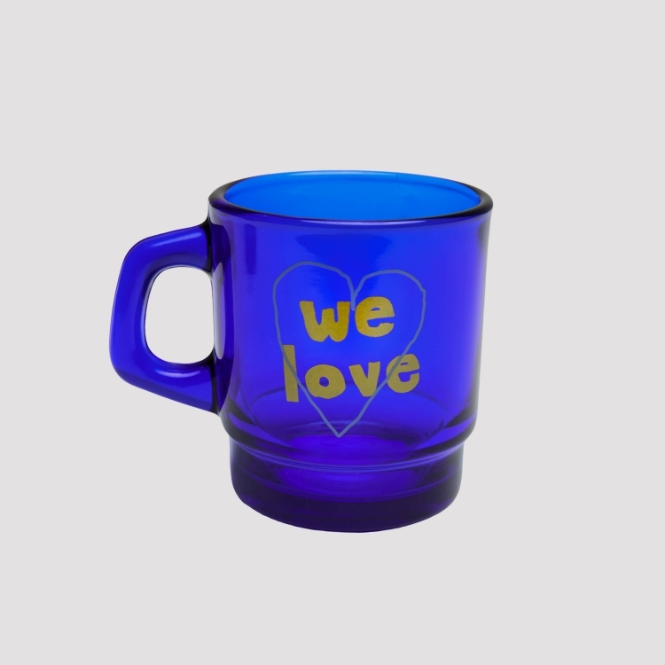 MILK GLASS HEART WE LOVE BLUE