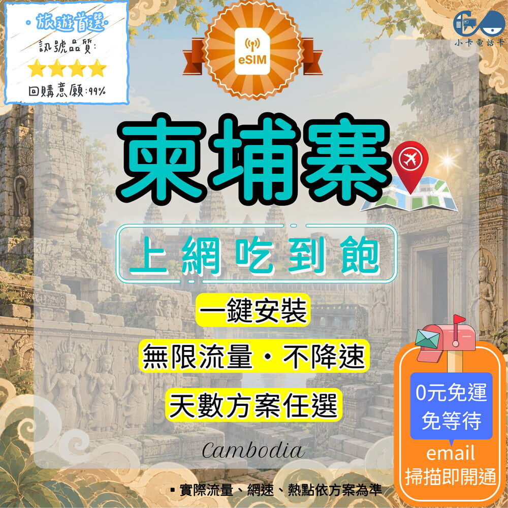 【eSIM】柬埔寨網卡全方案｜吃到飽·每日型·總量型·彈性方案選擇〈快速啟用、免運即時開通、天數客制化〉