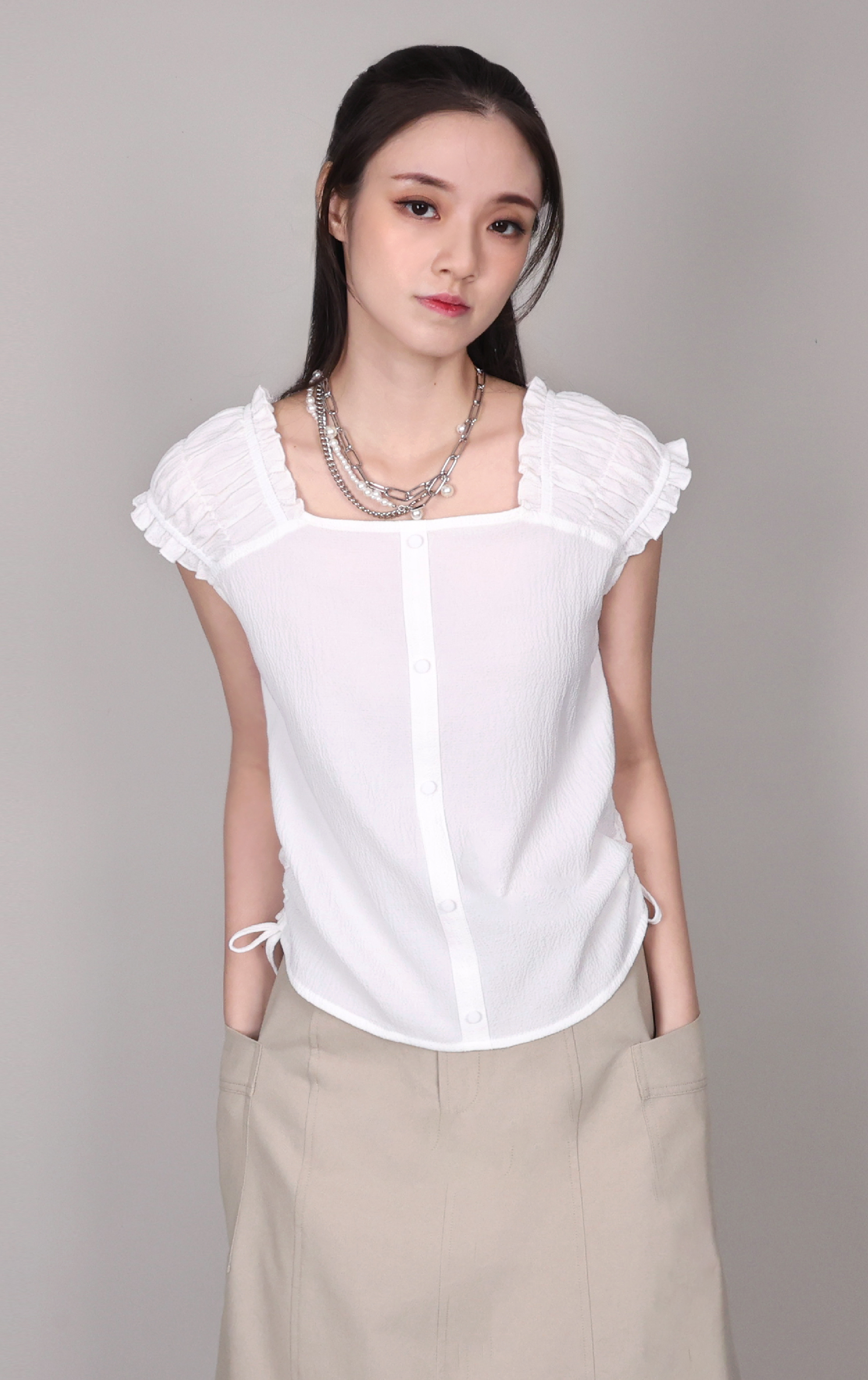 Square Neck Ruched Side-Tie Button-Up Vest VT0122