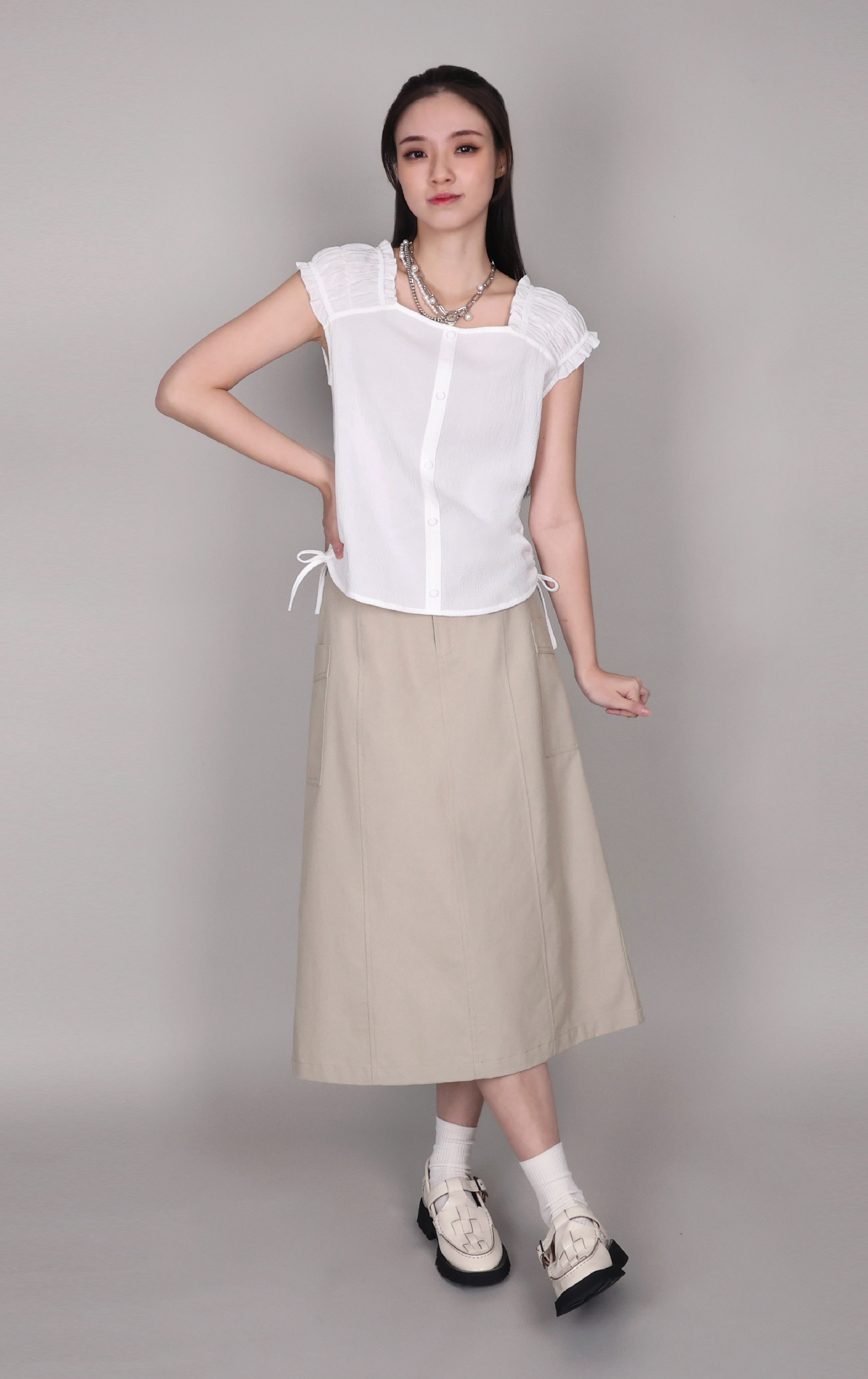 Square Neck Ruched Side-Tie Button-Up Vest VT0122