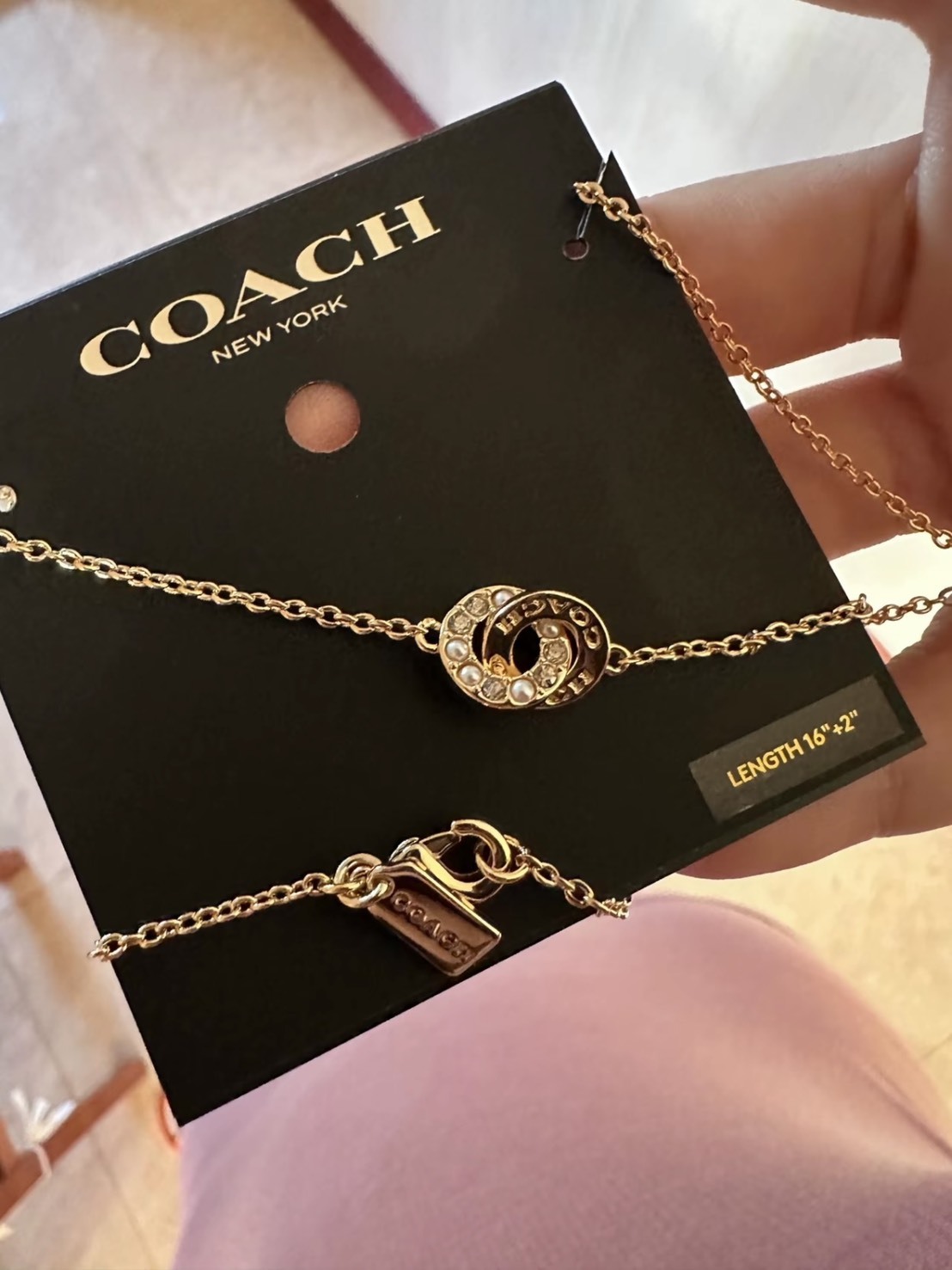 COACH 開口 圓環 珍珠吊墜 項鍊 女款 金色