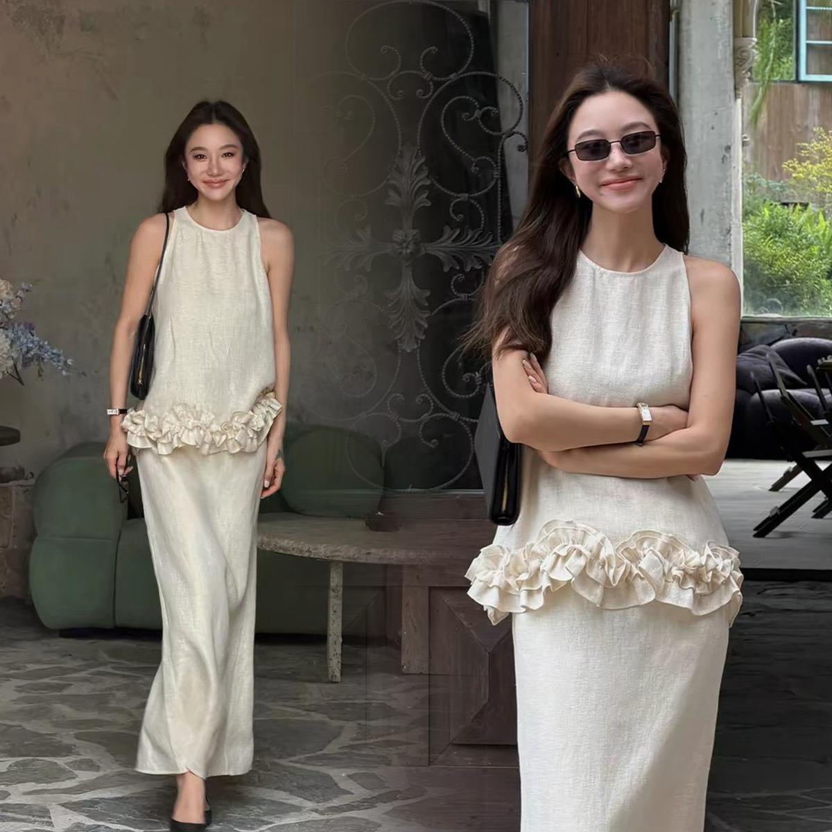 奶油白荷葉滾邊亞麻背心+長裙SET-S-XL (Elegant & Love)