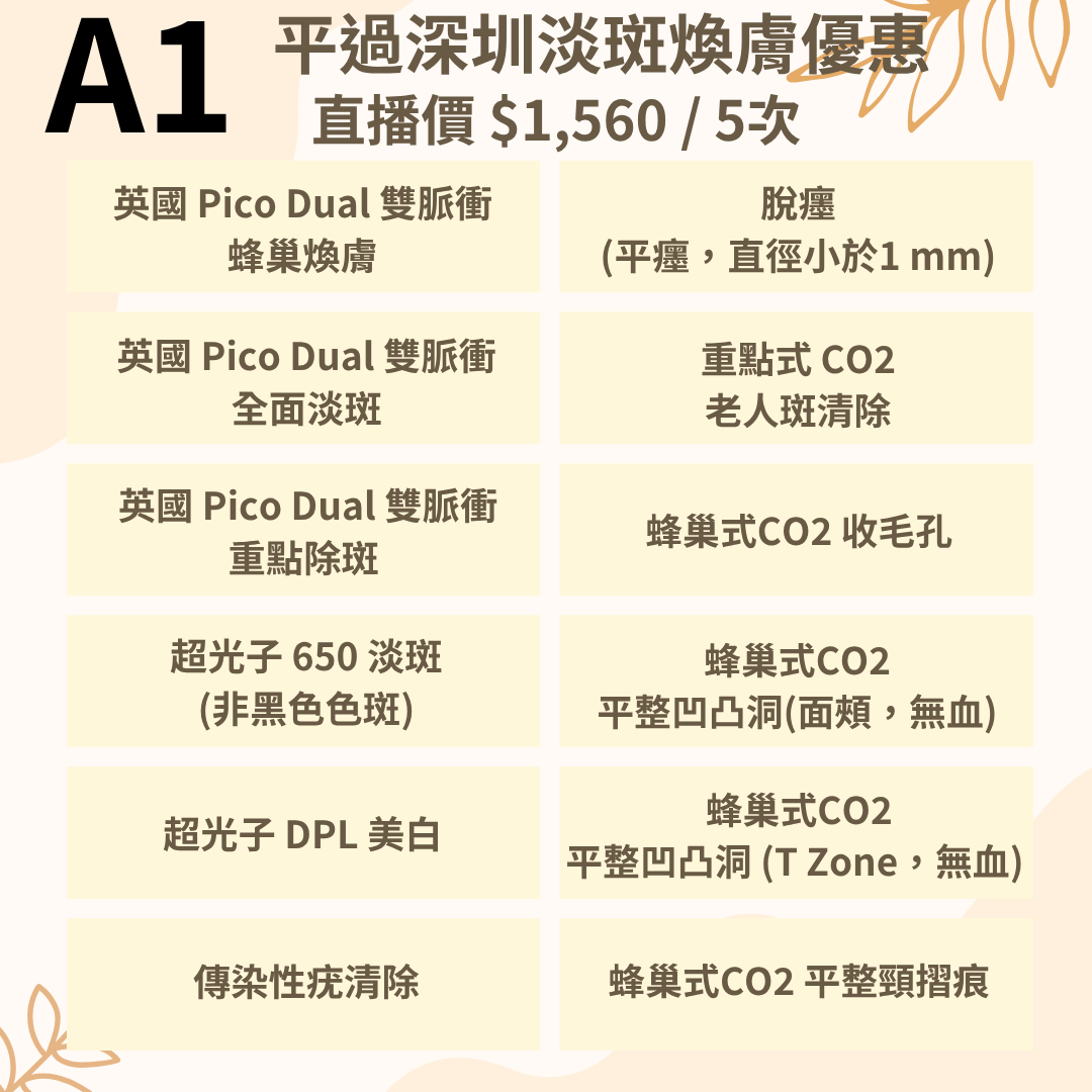 A1 香港去斑中心_平過深圳淡斑煥膚優惠 (HK$1,560 / 5次)