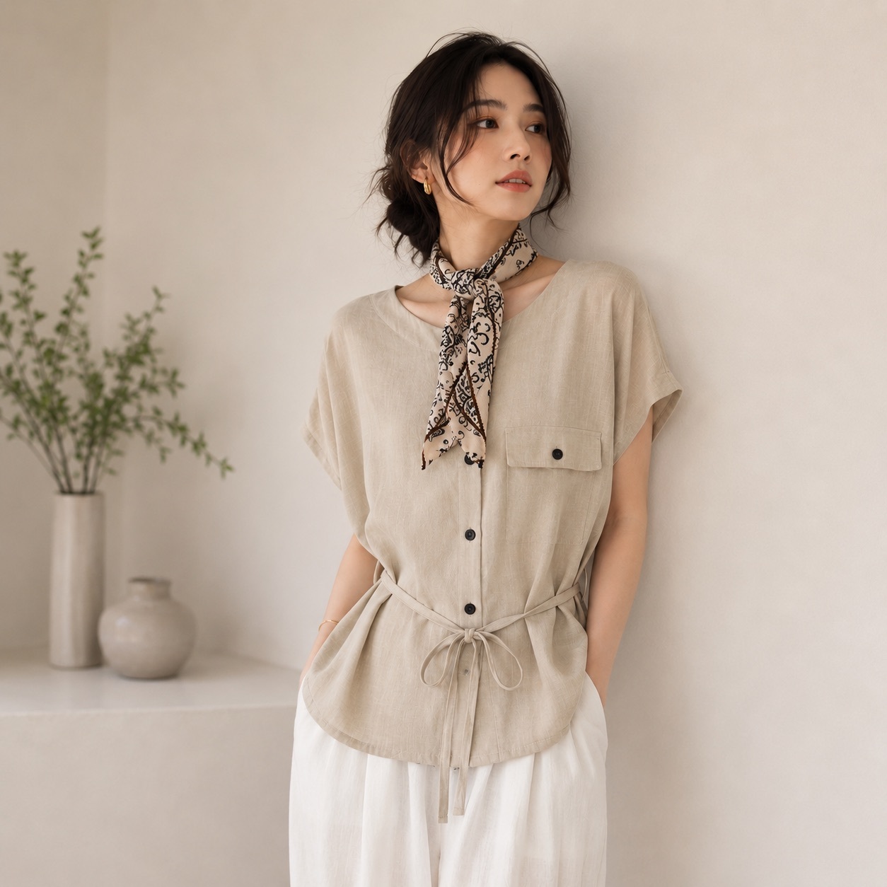 MUSE 青花瓷絲巾領綁帶襯衫