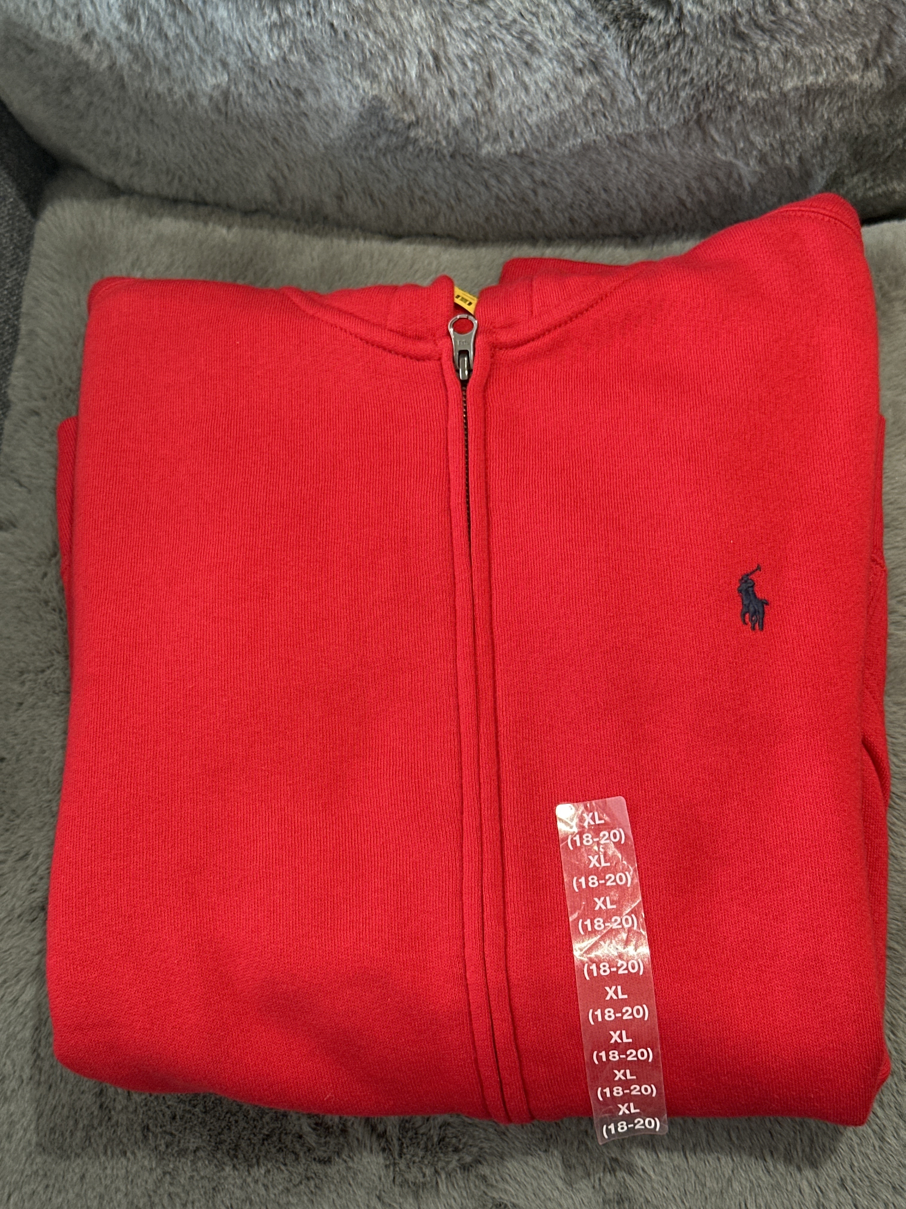 UQ23 Polo RL 男童 紅色有帽抓毛拉鏈外套 (深藍色馬仔)  (XL=約 胸40", 長 25")