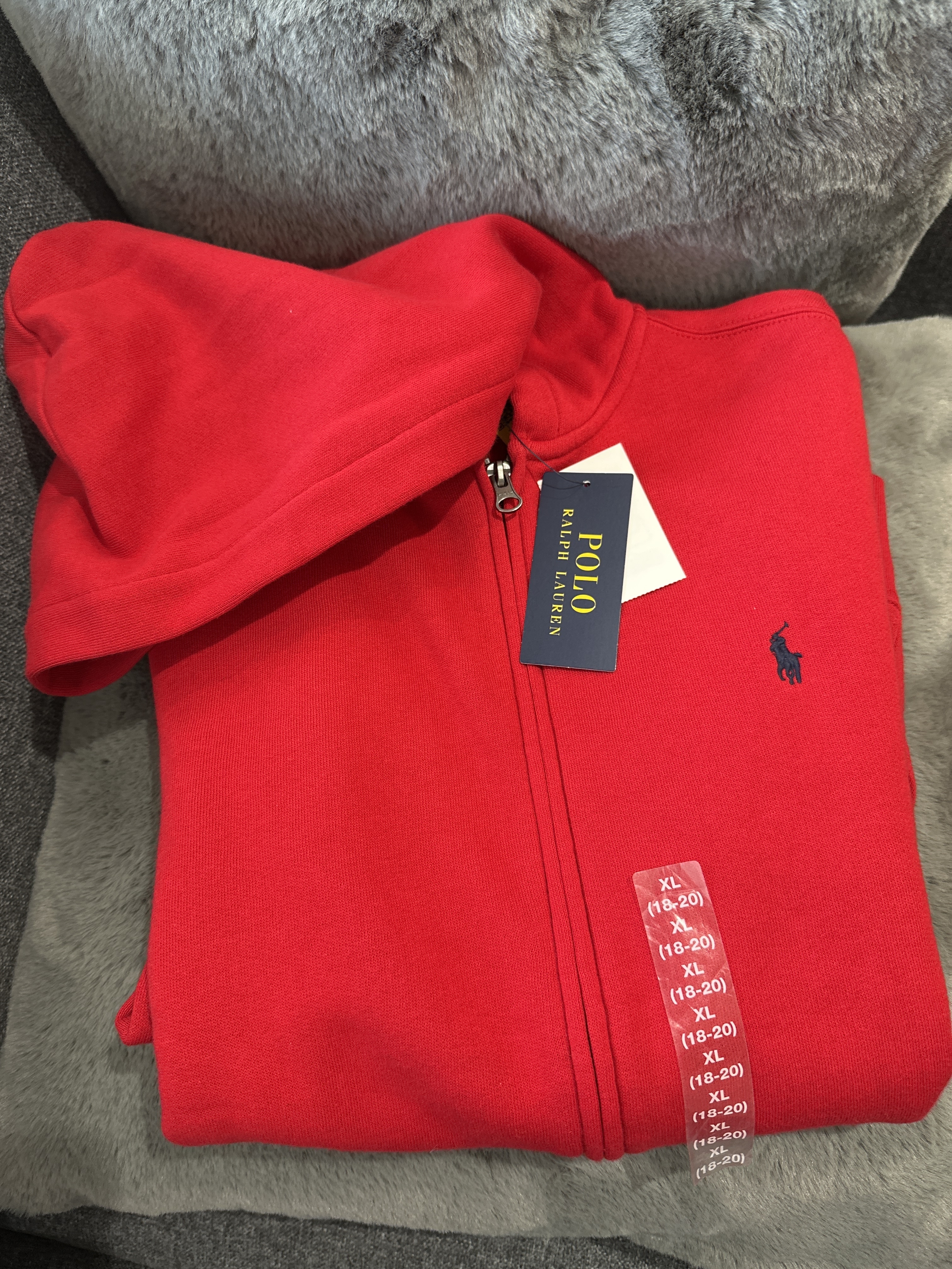 UQ23 Polo RL 男童 紅色有帽抓毛拉鏈外套 (深藍色馬仔)  (XL=約 胸40", 長 25")