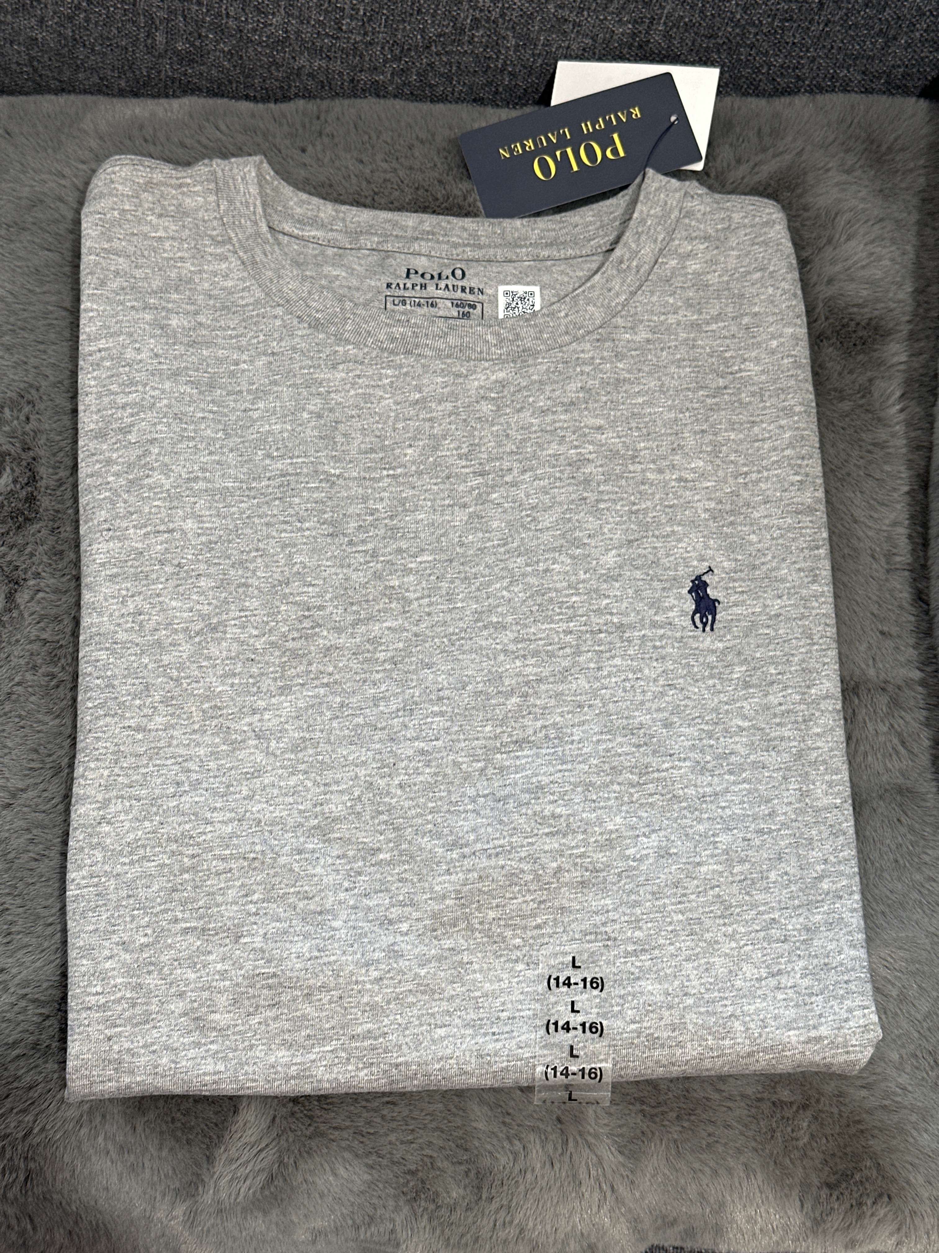 UQ33 Polo RL 男童 灰色短袖衫 (深藍色馬仔)  (L=約 胸36", 長24.5")