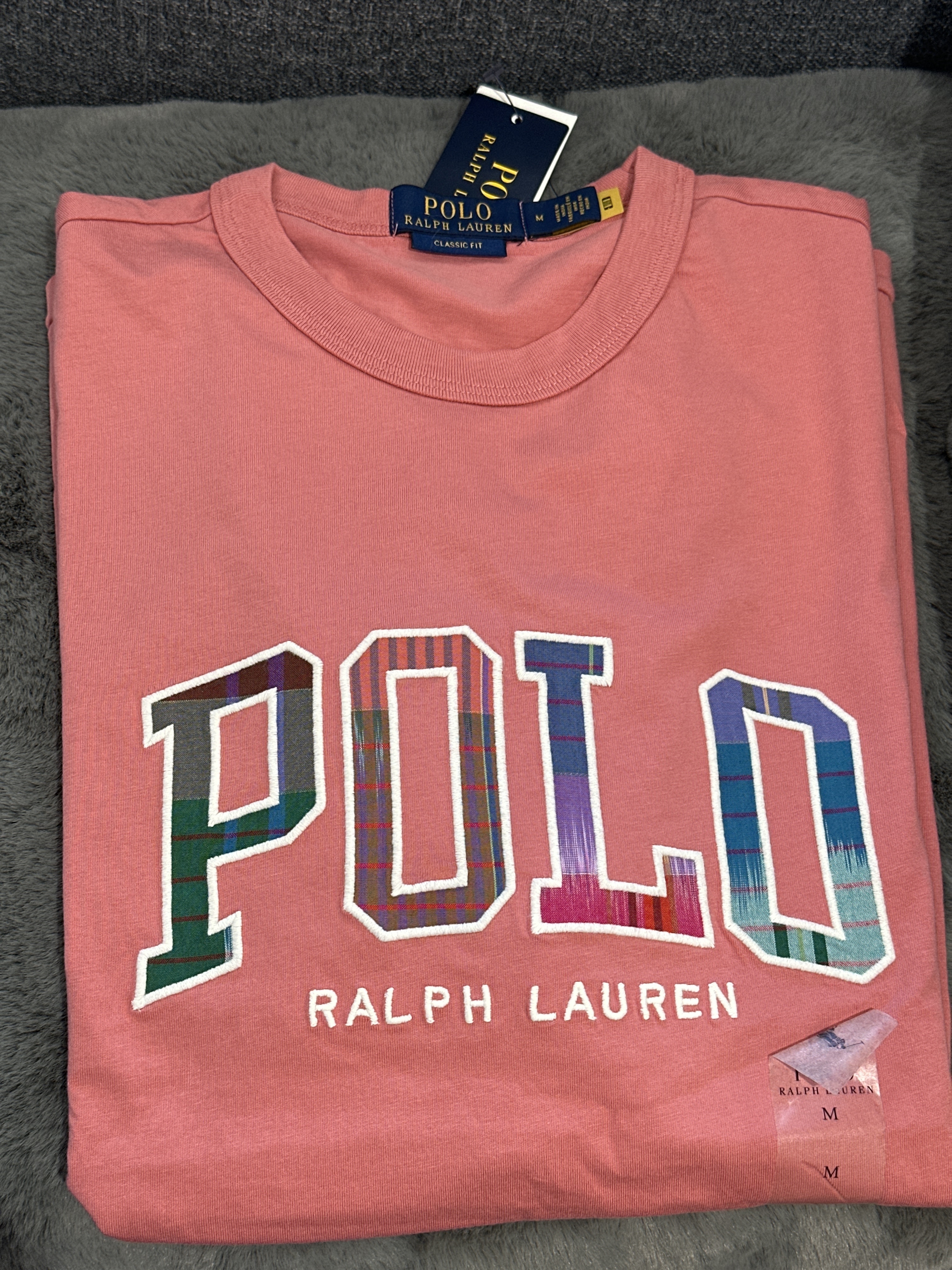 UQ35 Polo RL 男裝 格仔Polo logo 粉色短袖衫  (M=約 胸44", 長28")