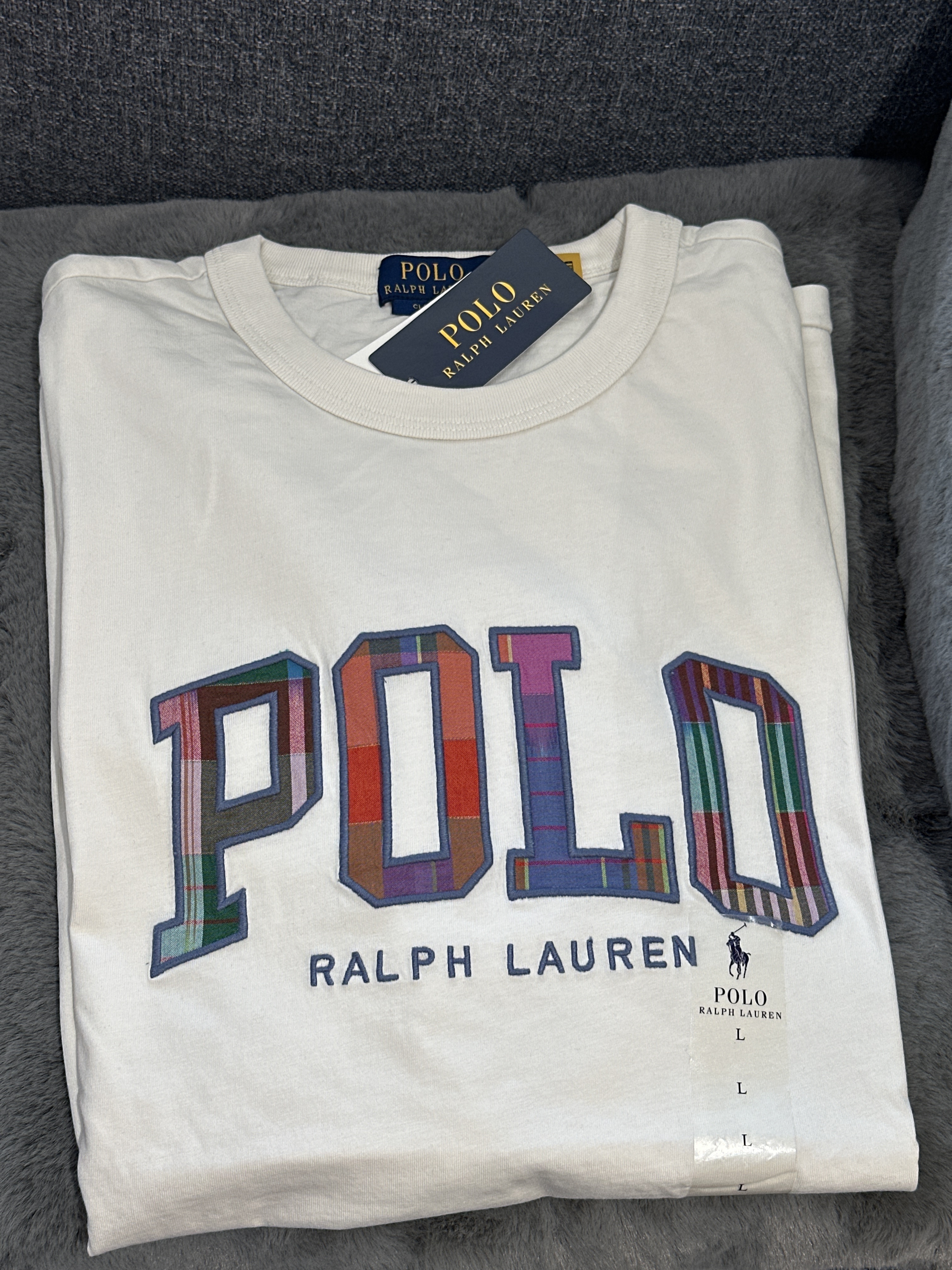 UQ36 Polo RL 男裝 格仔Polo logo 白色短袖衫  (L=約 胸46", 長29")