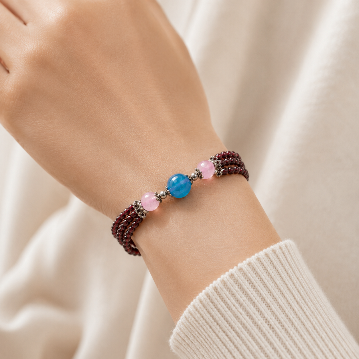 Amazonite, Rose Quartz & Pyrope Garnet Energy Bracelet