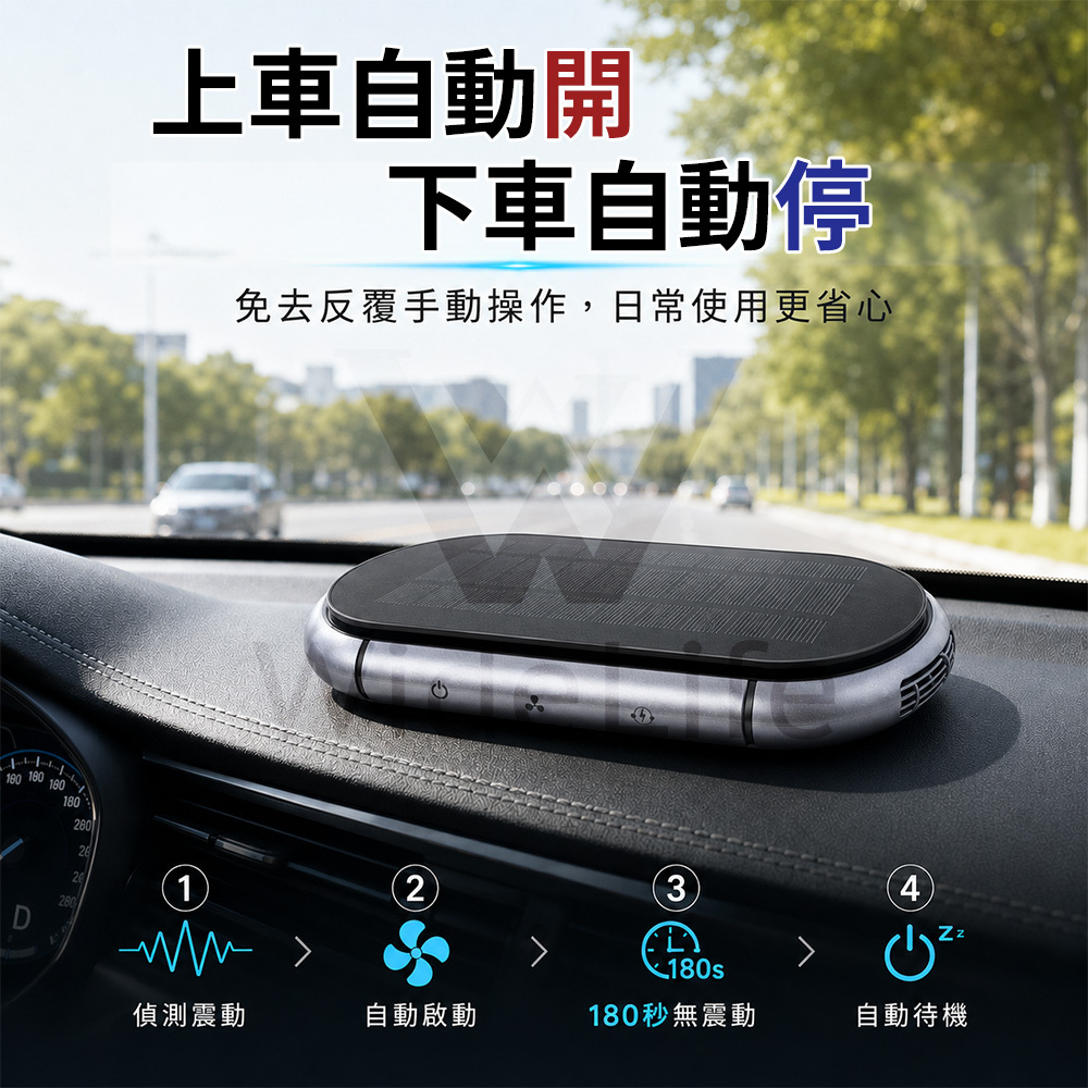 WAIR-SA1震動感應智能隨車啟停，停車180秒未偵測震動後自動進入待機模式