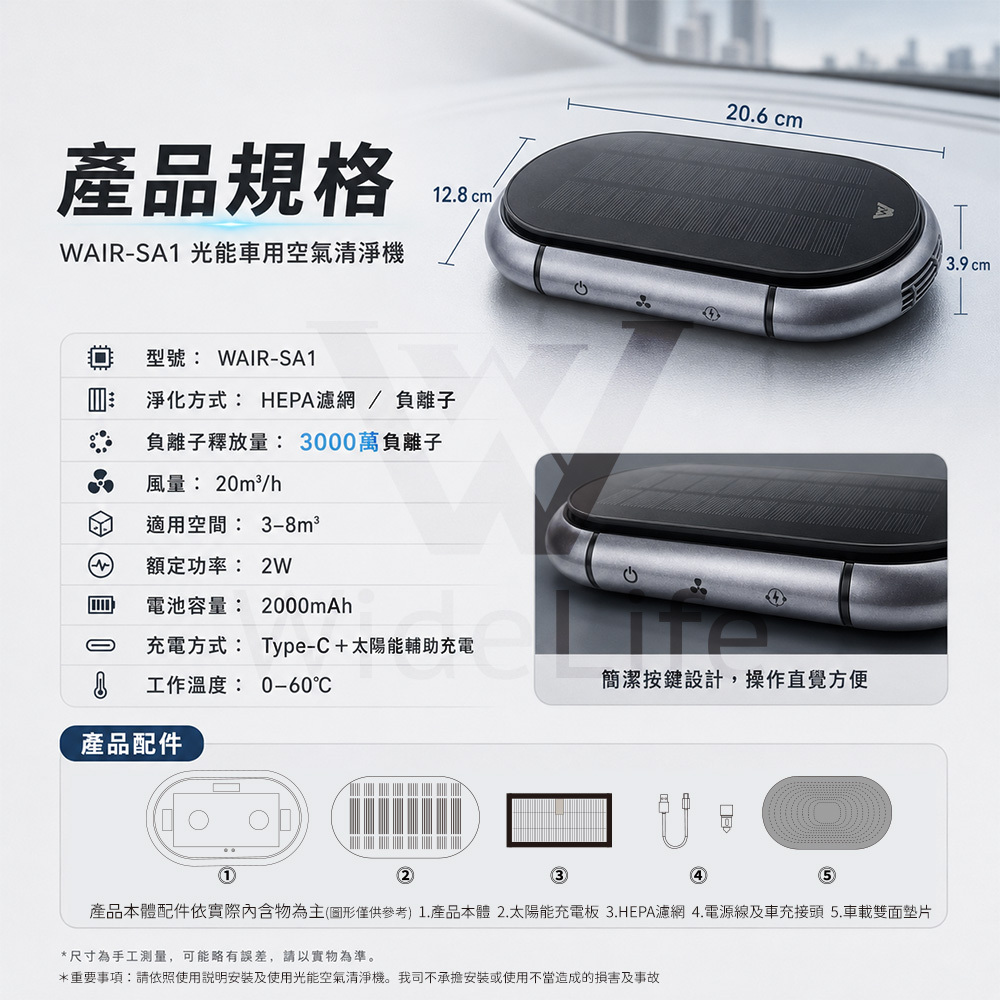 WAIR-SA1車用空氣清淨機與市售產品實測比較、產品功能與規格資料
