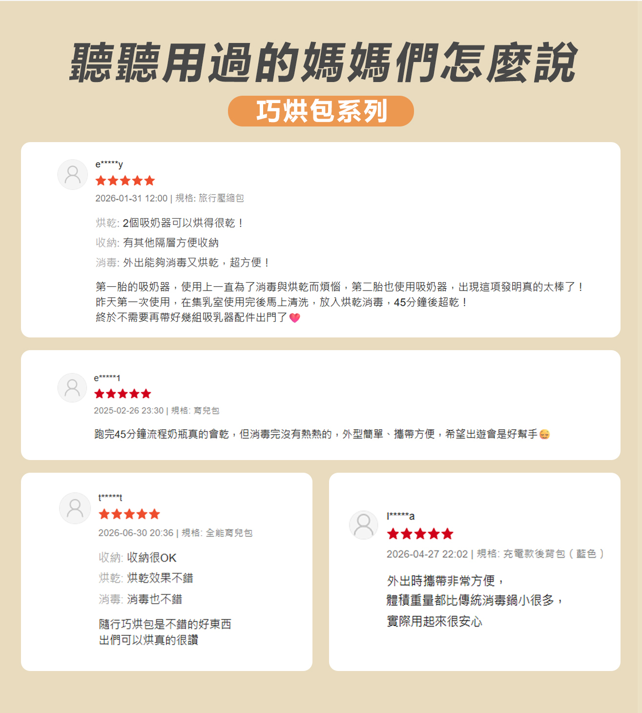 巧烘包系列使用者回饋:外出能夠消毒又烘乾，超方便！45分鐘流程奶瓶真的會乾。體積比傳統消毒鍋小很多，實際用起來很安心。
