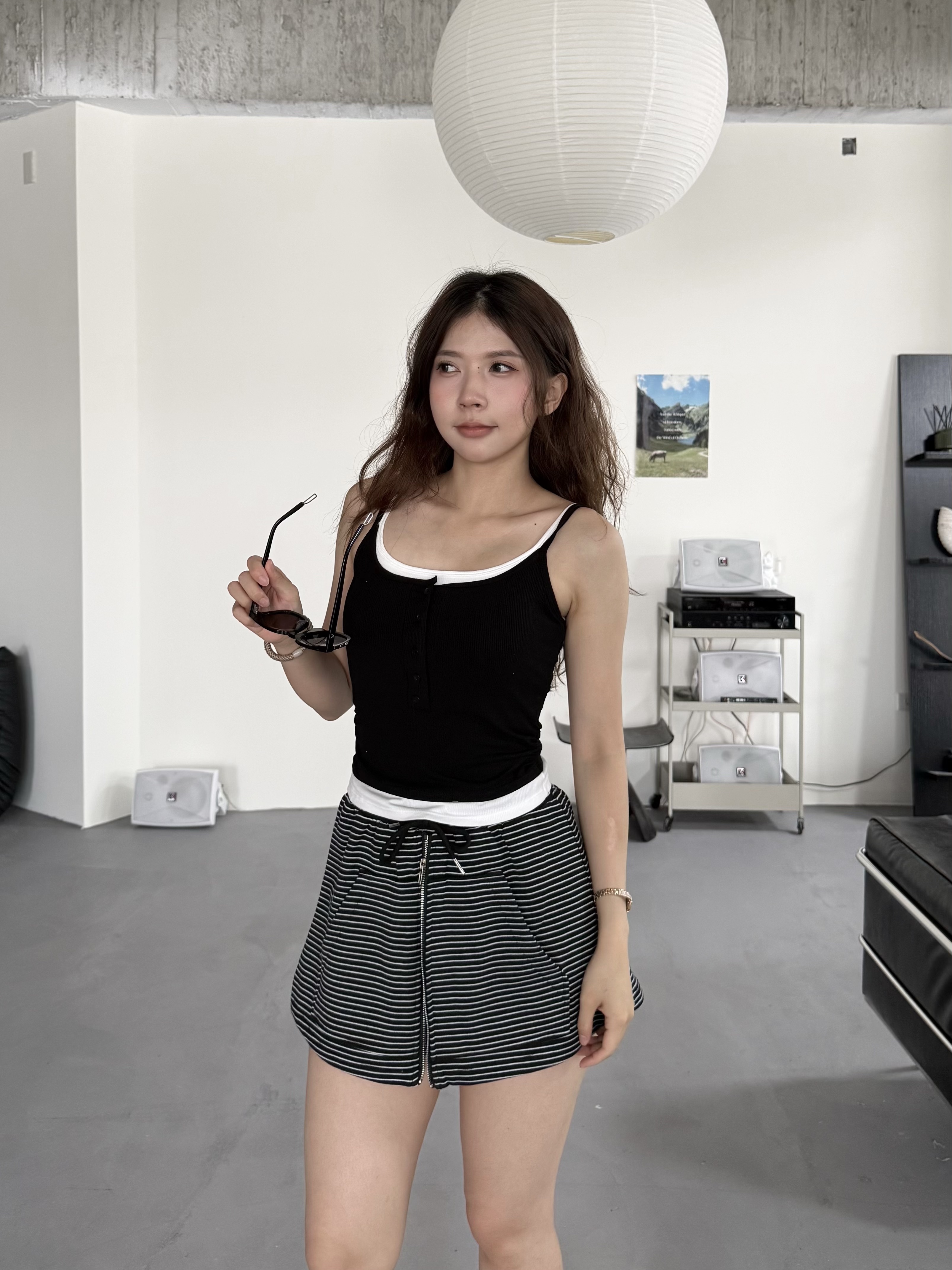 條紋休閒感抽繩短褲裙