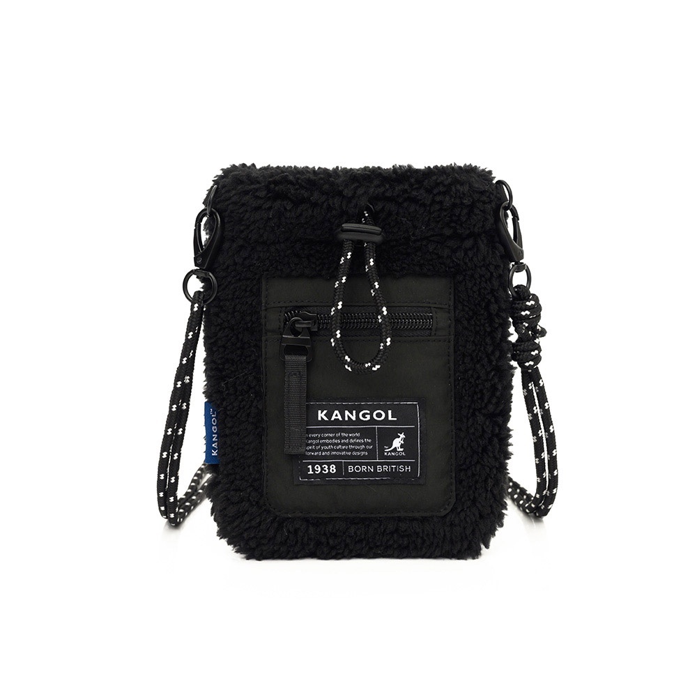 KANGOL 側背包 黑色 米白 羔羊絨 束口 小側包 隨身小包 6255170220