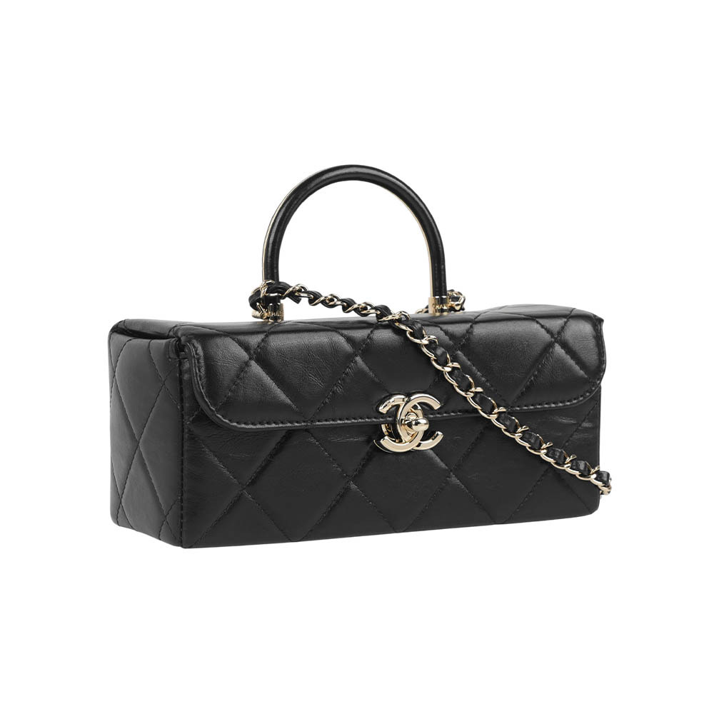 【CHANEL】淡金釦大菱格紋長版醫生包/二用包(黑色)