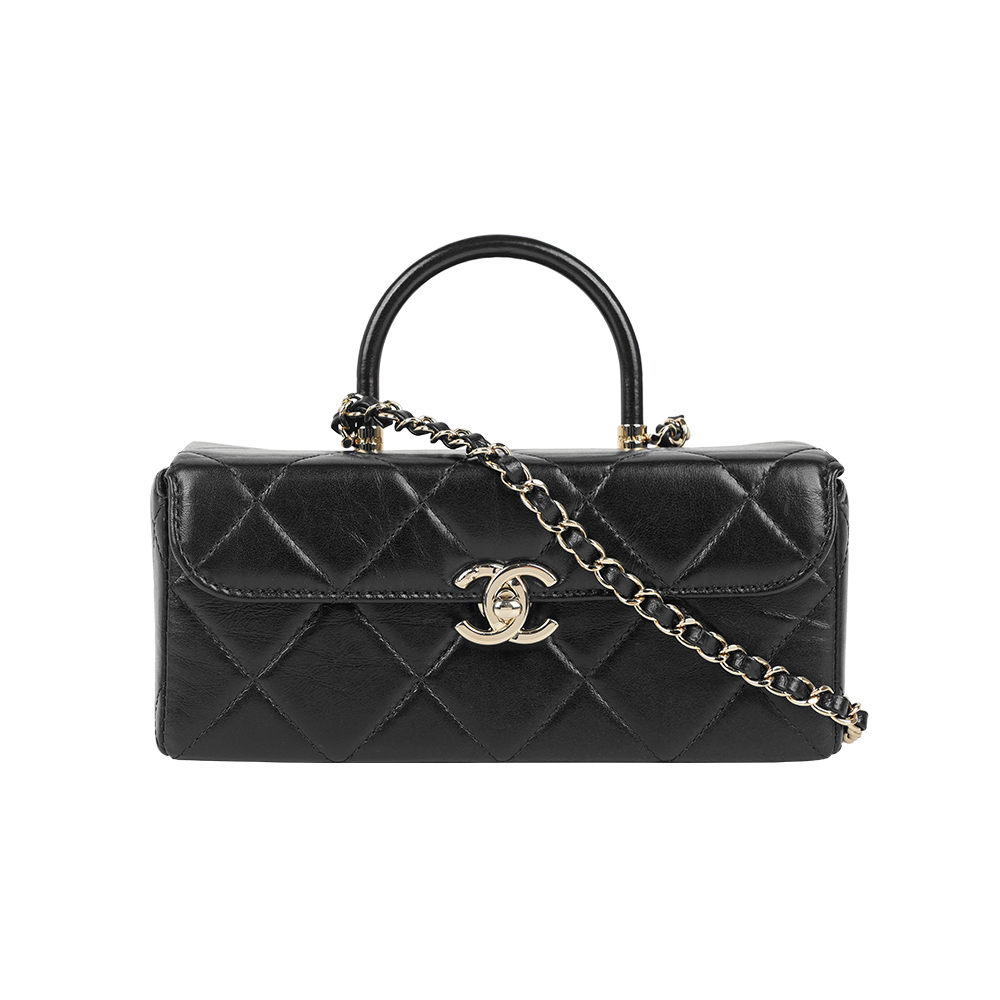 【CHANEL】淡金釦大菱格紋長版醫生包/二用包(黑色)