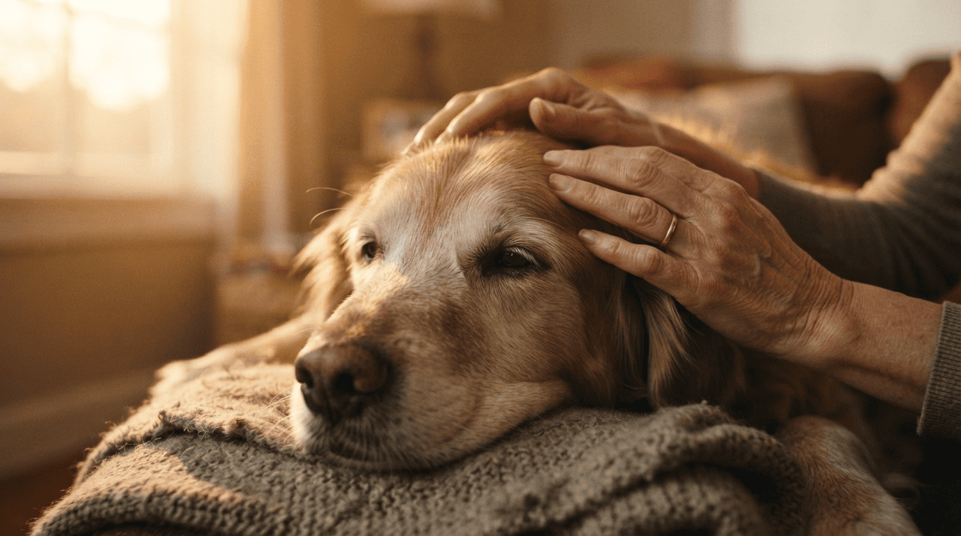 高齡犬的情感陪伴：夕陽金光下飼主溫柔撫摸安心閉眼的老狗，傳遞老狗照護與深厚信任感