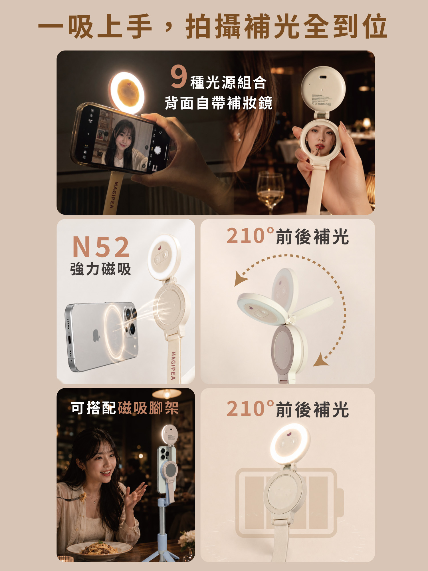 磁吸補光燈鏡｜一吸即拍自帶好光 9種光感隨手切換