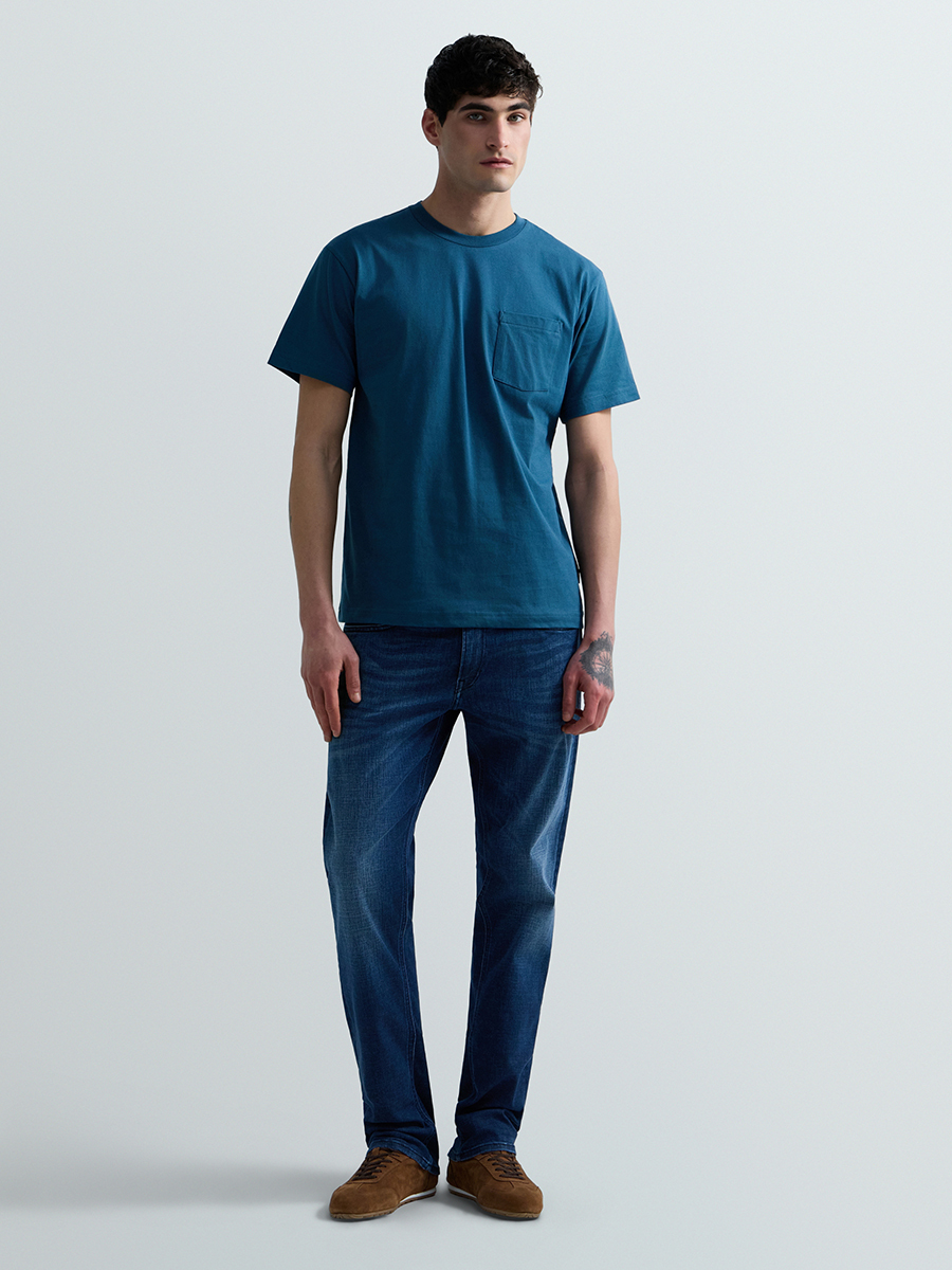 藍色有機棉口袋純棉T-shirt