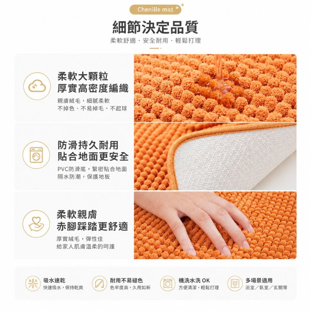 短毛雪尼爾地墊40X60CM｜吸水地墊 防滑地墊 浴廁地墊【輕鬆購五金百貨】