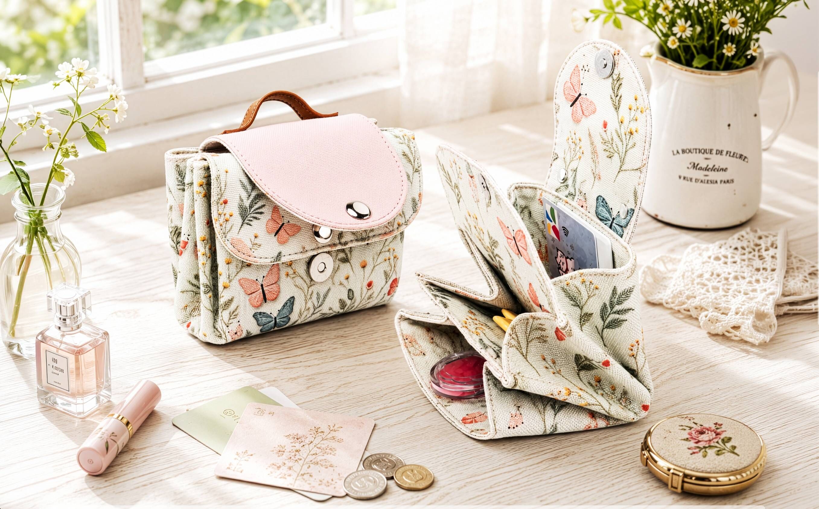 花草蝴蝶布雙層風琴零錢包與卡片收納 Double-layer floral accordion coin purse with card storage