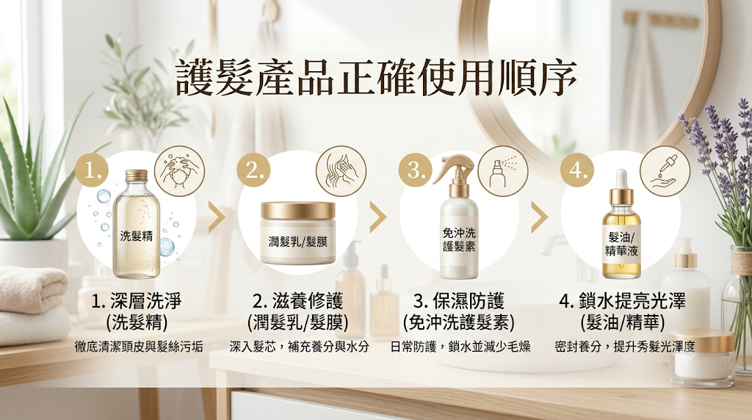 護髮產品正確使用順序，正確順序是洗髮後先用沖洗式護髮打底，沖淨並擦至微濕後，再塗抹免沖洗產品，最後進行吹整。 核心原則是先修護、再加強表層防護，使用熱工具前務必做好抗熱保護。