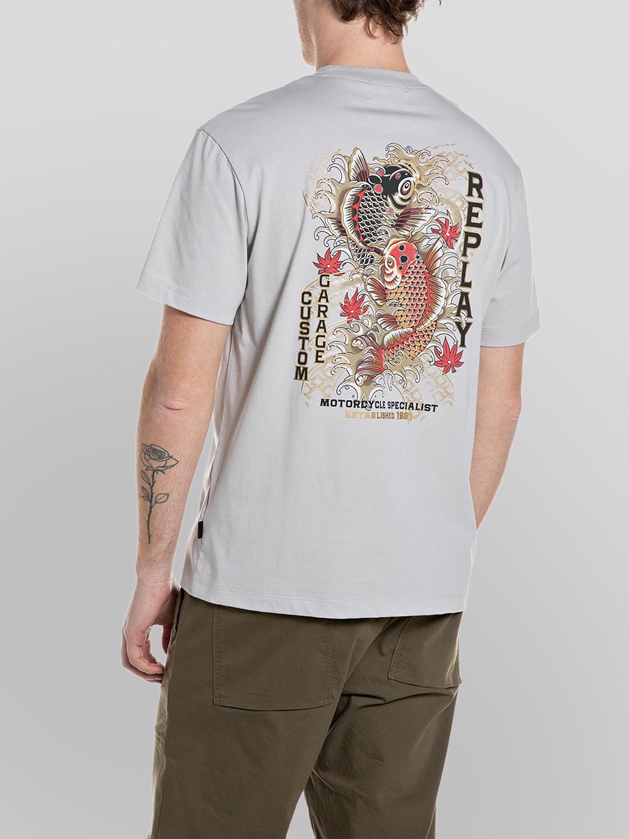 灰色印花口袋有機純棉T-shirt