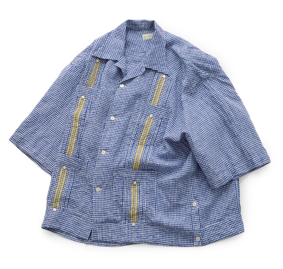 KAPITAL 2026 Linen gingham CHECK LAX Cuban shirt - BLUE PRE ORDER ITEM (預訂中)