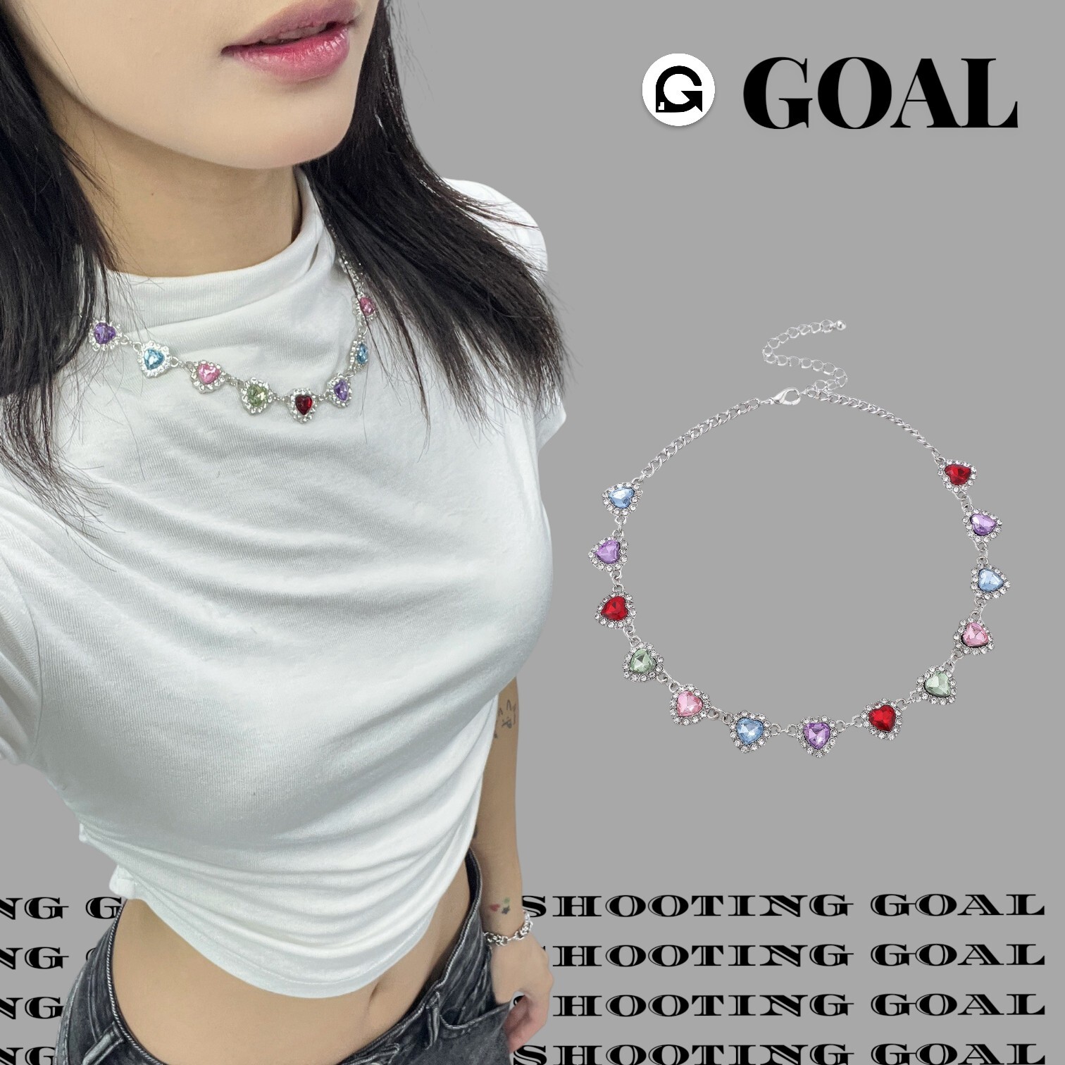 (GOAL) 彩色鑲鑽愛心鎖骨項鍊
