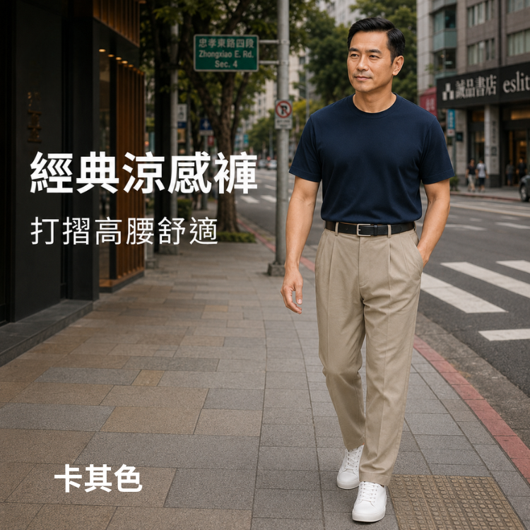 甄褲｜經典涼感機能褲｜日常舒適版｜打摺高腰・超薄排汗・彈性褲頭（30~46 吋)免費改長