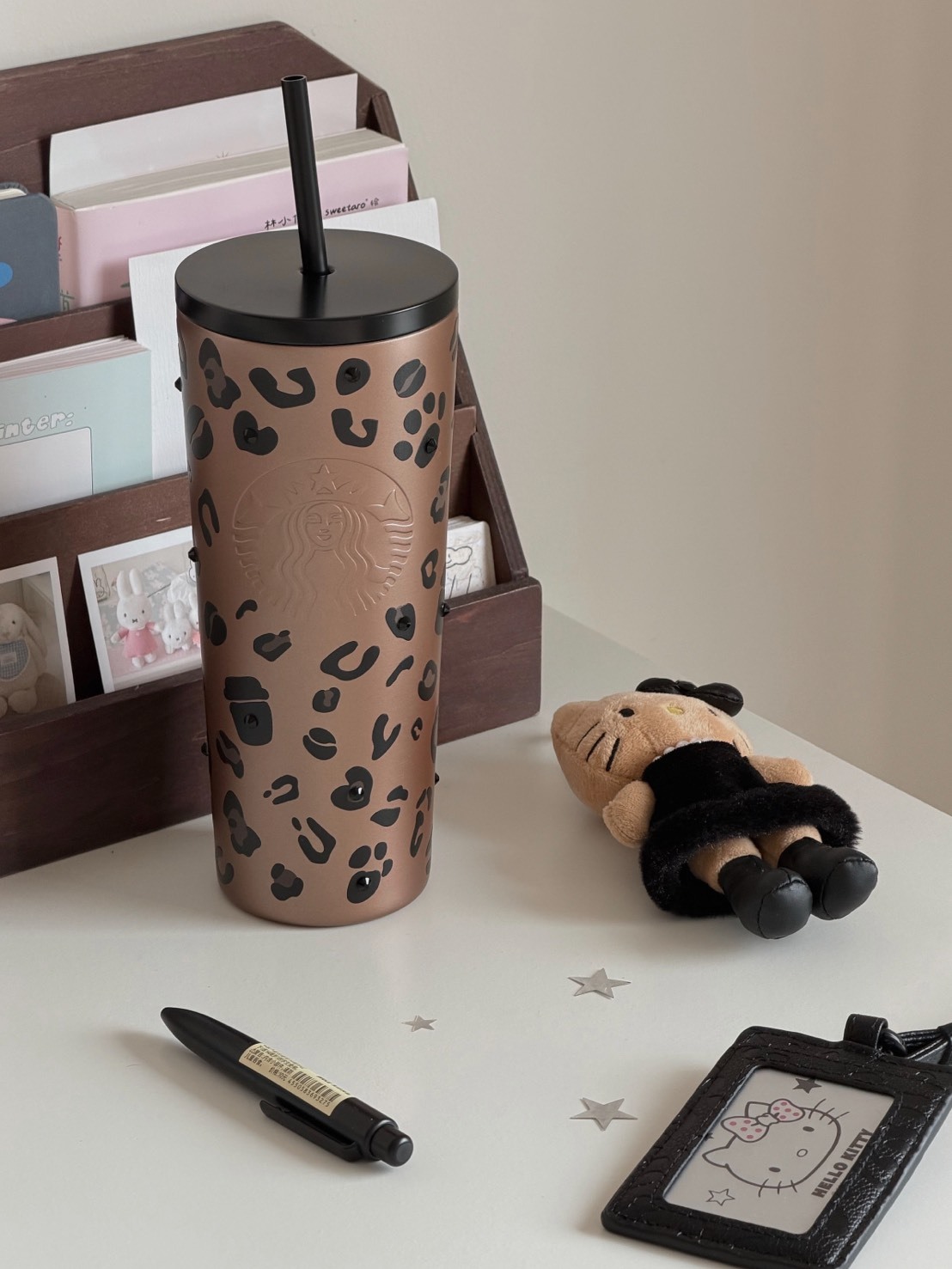 STARBUCKS 星巴克 豹紋咖調系列 豹紋鑲鑽 雙飲 吸管杯 禮盒配卡包 710ML