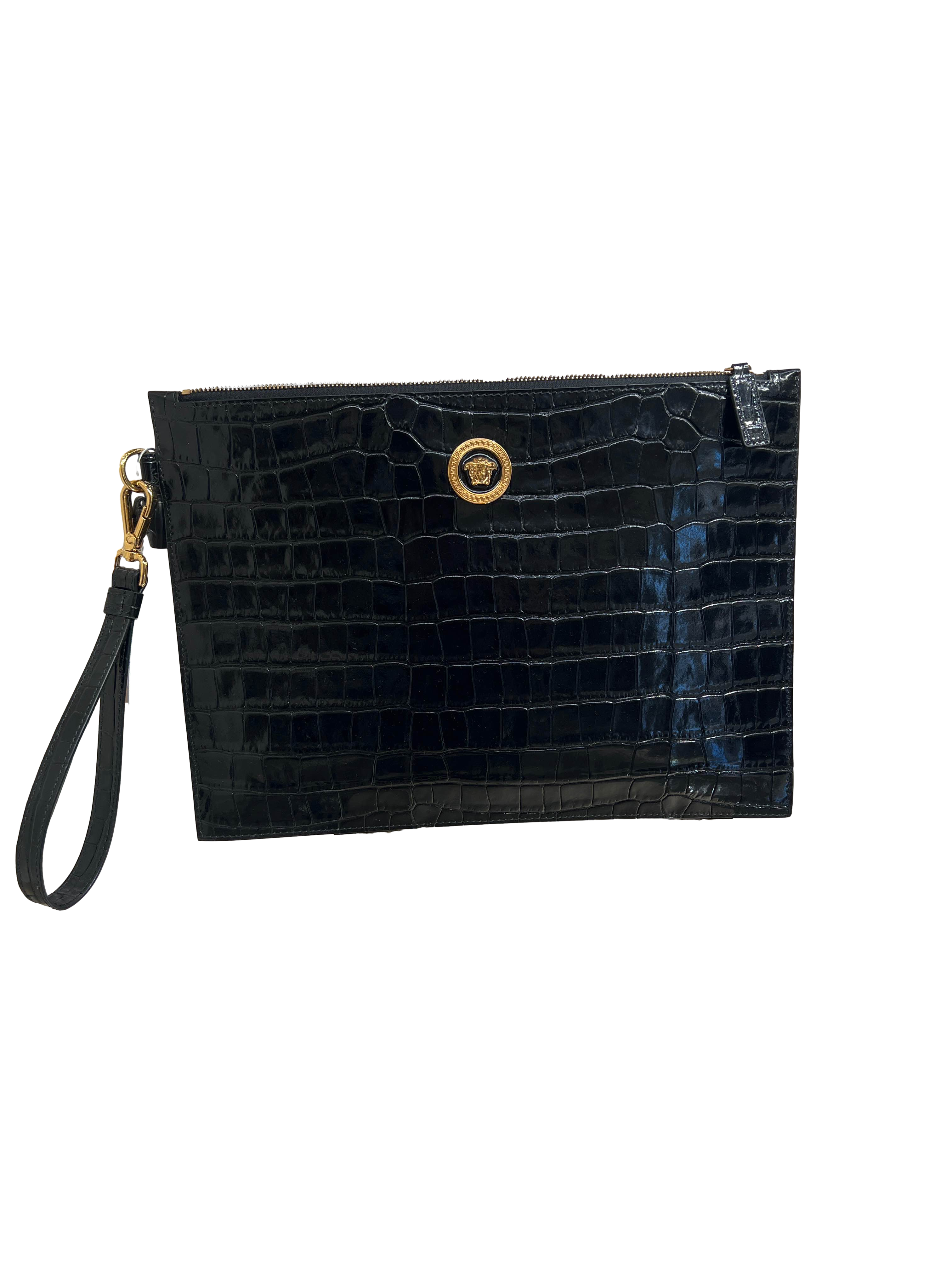 【Versace Outlet】Gianni Versace Srl Large Pouch Croc Calf Leather  黑