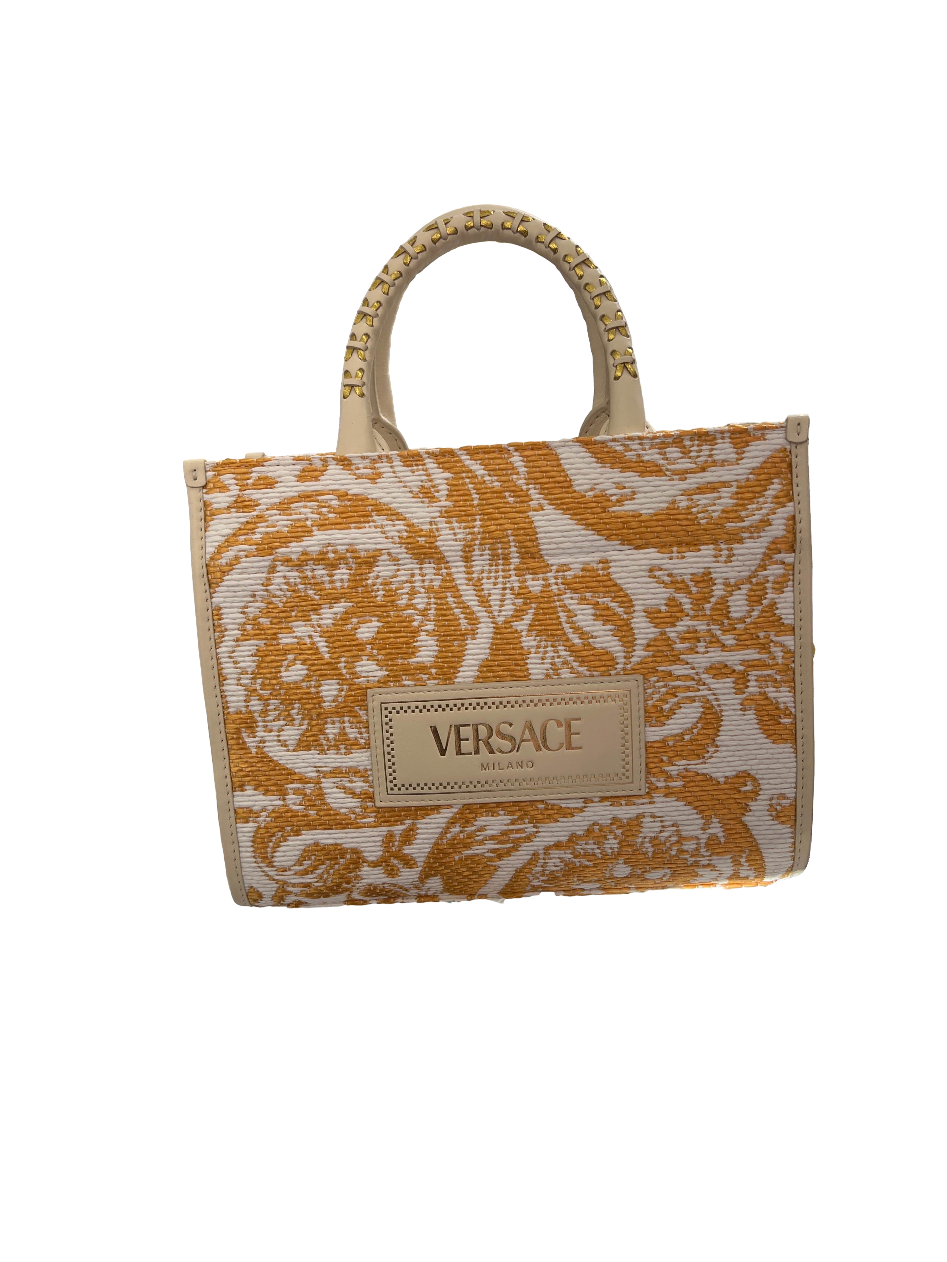 【Versace Outlet】Small Tote Rafia Barocco+Calf  黃
