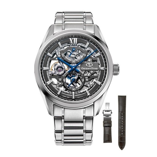 ORIENT STAR Contemporary Skeleton M34 F8 Hand-Winding Stainless Steel Watch with Genuine Leather Replacement Band RK-AZ0102N 現代鏤空系列 手動上鍊不銹鋼腕錶，配真皮替換錶帶