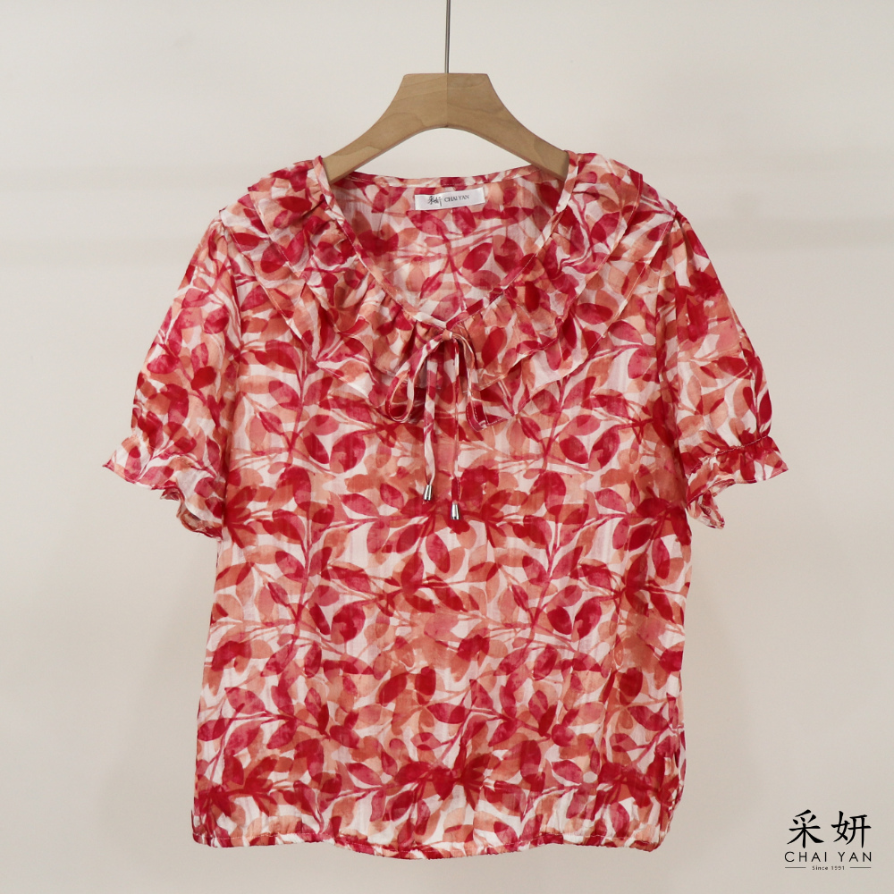 重影葉子荷葉領短袖上衣
