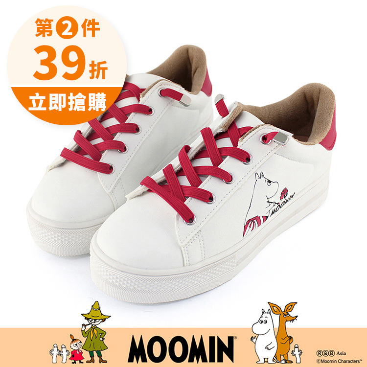 Paidal x Moomin姆明谷 姆明媽媽彩繪紅玫瑰免綁帶跳色厚底休閒鞋不彎腰鞋-白