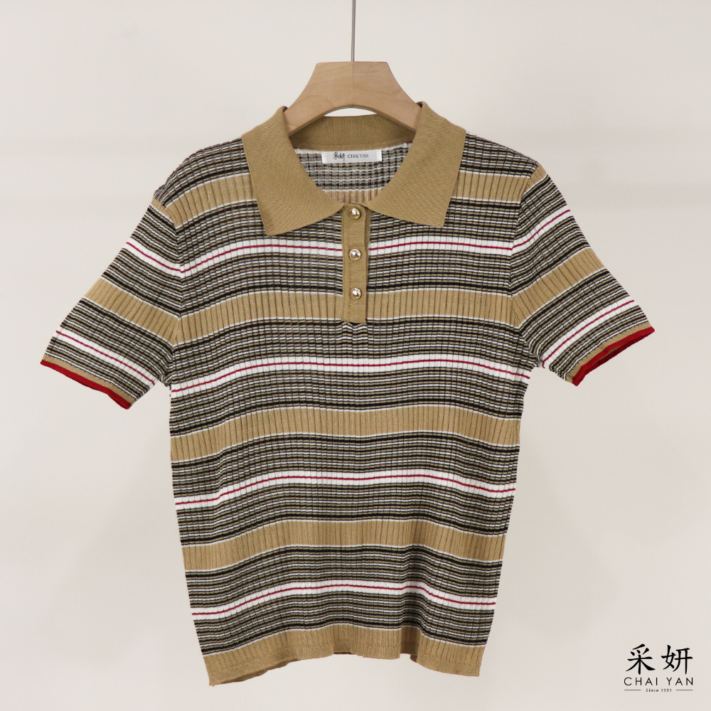 英倫撞色條紋針織POLO短袖上衣
