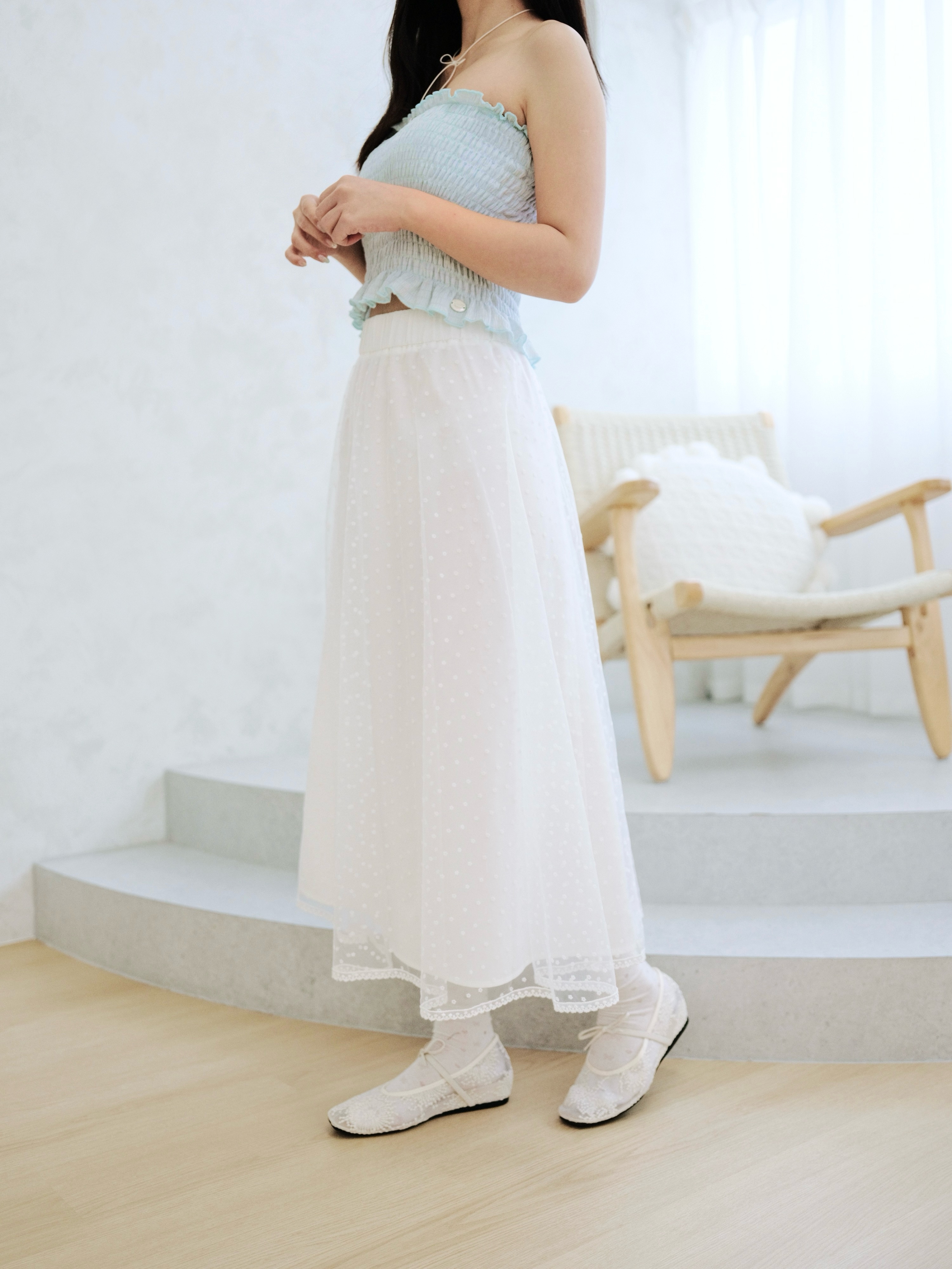 兩色 / 磨砂感植絨小花蕾絲長裙 / Flocked Blossom Tulle Maxi Skirt