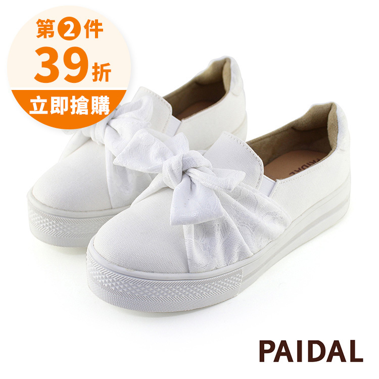 Paidal 蕾絲大蝴蝶厚底懶人鞋不彎腰鞋-小白鞋