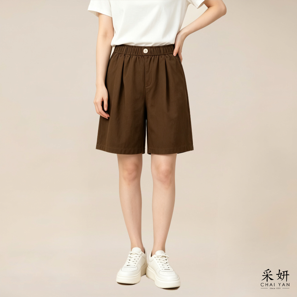 日系單扣壓褶寬口短褲
