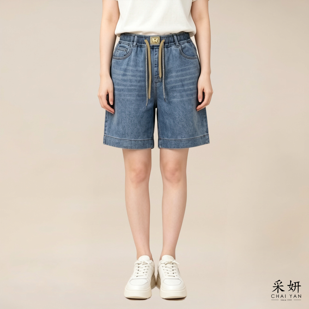舒適鬆緊腰蝴蝶標牛仔短褲