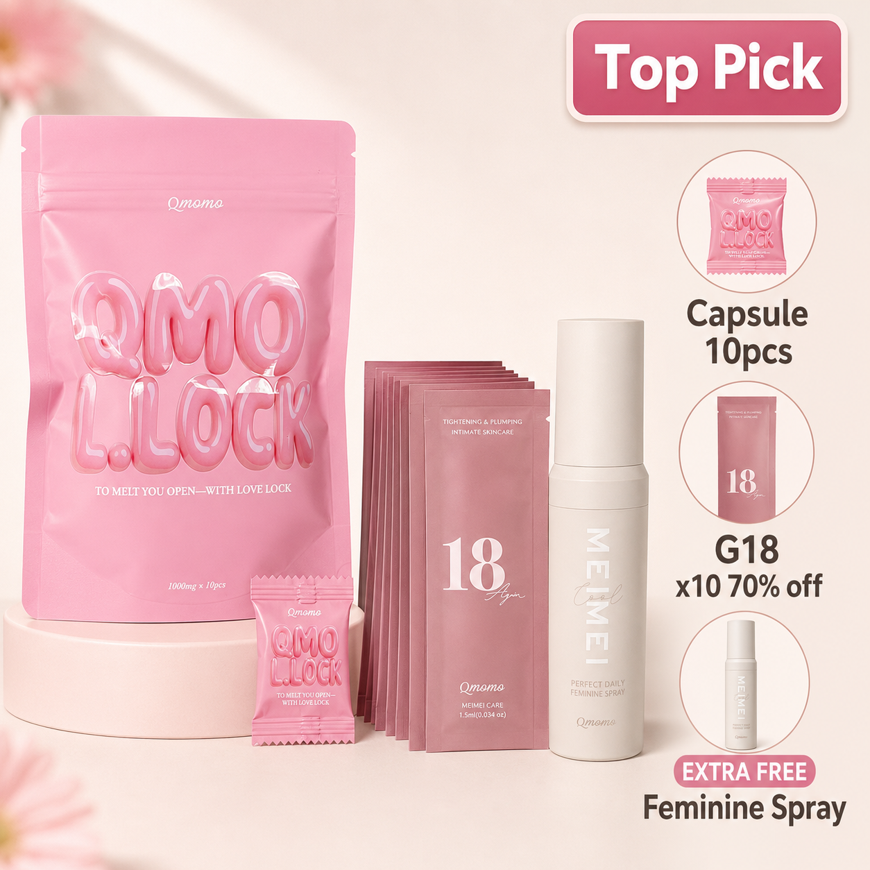 Qmomo《Tight & Wet Advanced Care Set》Rose Capsules + G18 Ampoule + Feminine Spray