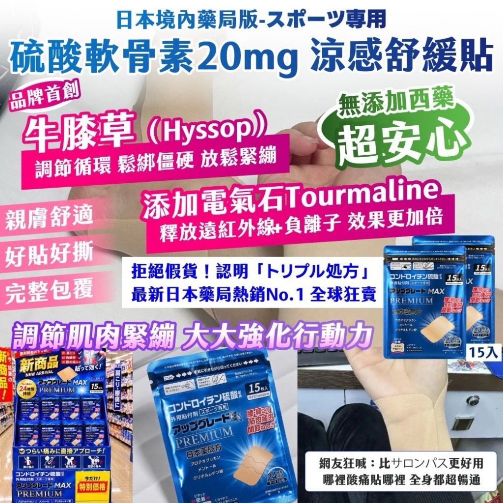 WSBB12105  日本境內藥局版｜スポーツ専用 藍色升級版-🌿 品牌首創添加牛膝草 硫酸軟骨素20mg 涼感舒緩貼 15入（1套2包）（9月底）