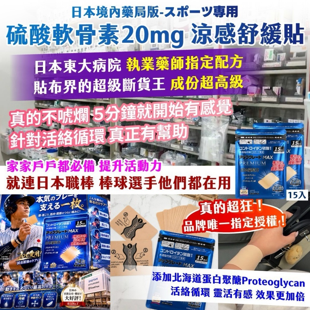WSBB12105  日本境內藥局版｜スポーツ専用 藍色升級版-🌿 品牌首創添加牛膝草 硫酸軟骨素20mg 涼感舒緩貼 15入（1套2包）（9月底）