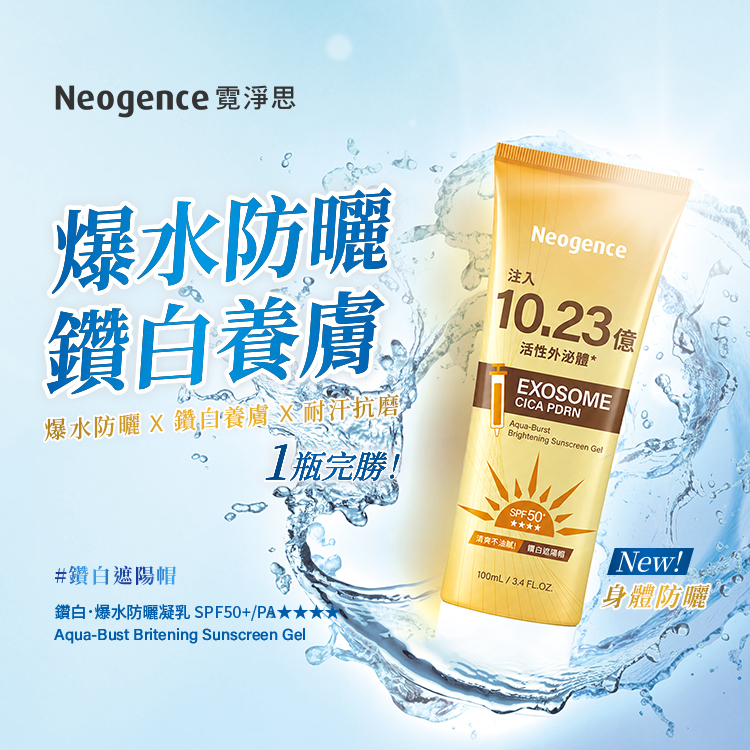 霓淨思鑽白爆水防曬凝乳SPF50+ PA4顆星，含有10.23億活性外泌體與積雪草PDRN，主打爆水防曬與鑽白養膚