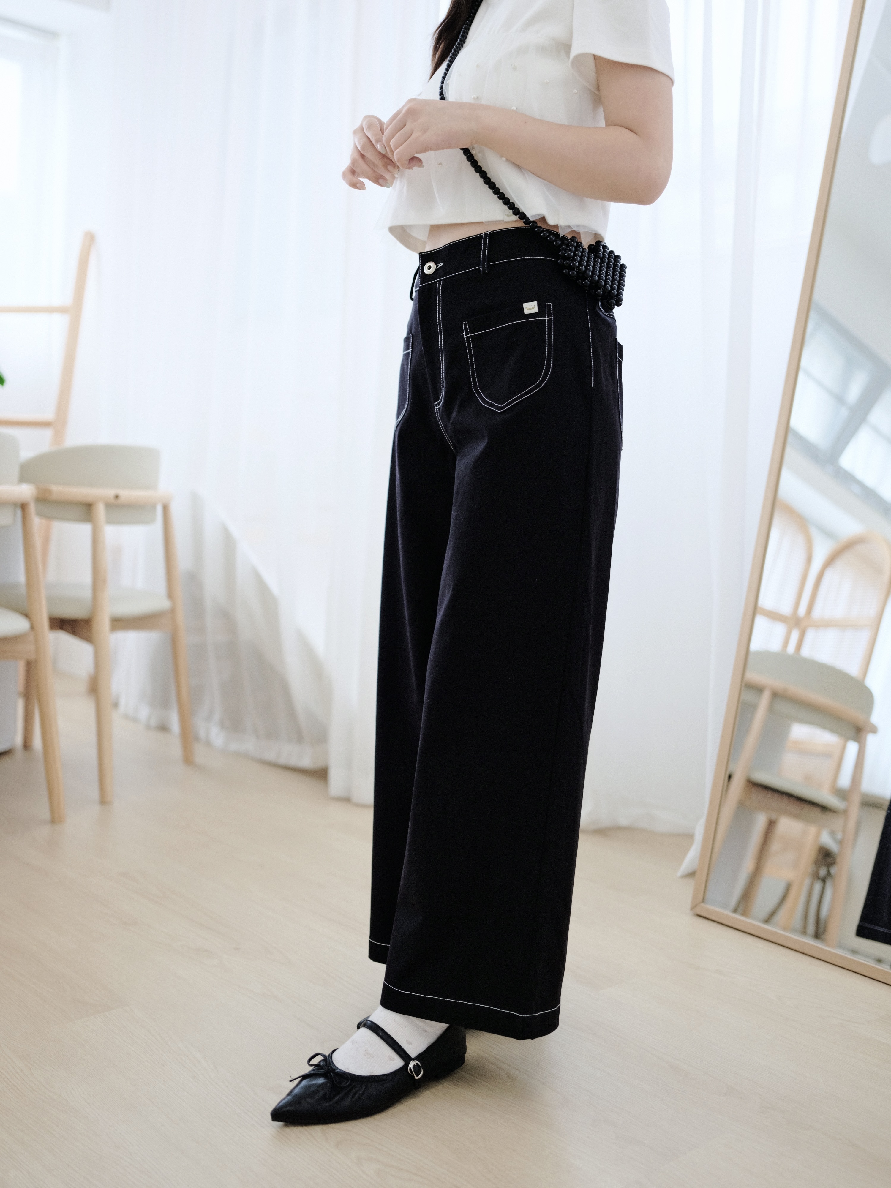 四色 / 小尖袋明線闊腳長褲 / Pointed Pockets Topstitched Wide-Leg Pants
