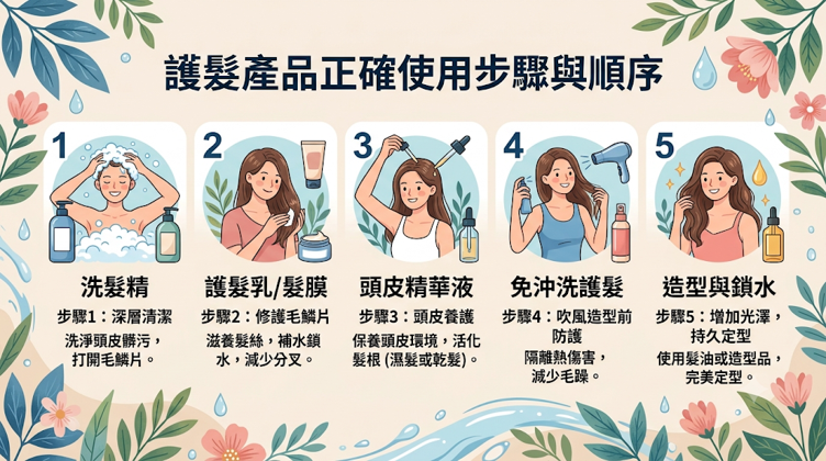 護髮產品的正確使用步驟與順序,護髮的核心法則為「先補水後鎖水、先乳後油、濕髮打底而乾髮收尾」。 日常最標準的修護順序是:洗髮後先將水分輕輕壓乾,於「濕髮」狀態塗抹免沖洗護髮乳進行深層補水;接著將頭髮徹底吹乾,若後續需使用電棒或離子夾等熱工具,務必在造型前疊擦具「抗熱」標示的產品建立高溫屏障;最後,再以少許護髮油均勻塗抹於髮尾,完美鎖水並帶出光澤。 只要掌握此黃金流程,就能讓護髮產品發揮最大功效,避免髮絲黏膩或遭受熱傷害。
