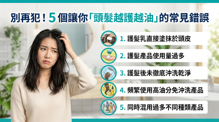 別再犯!5 個讓你「頭髮越護越油」的常見錯誤,許多人護髮後頭髮反而變得油膩、扁塌或毛躁,往往並非產品不佳,而是源於「塗抹位置錯誤、時機不對、用量失控與期待錯誤」等操作不當。 最常見的致命原因包含將護髮品誤塗於頭皮、一次性過量厚敷,或是誤將表層封膜產品用於深層補水;只要導正觀念,將產品適量分次且正確地使用於髮尾,就能立刻改善越護越油的困擾。